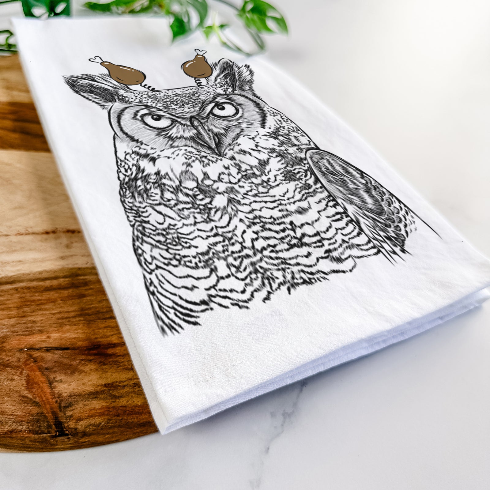 Hand-drawn sketch of Ozwald the Grey Horned Owl with a Thanksgiving turkey headpiece on a tea towel