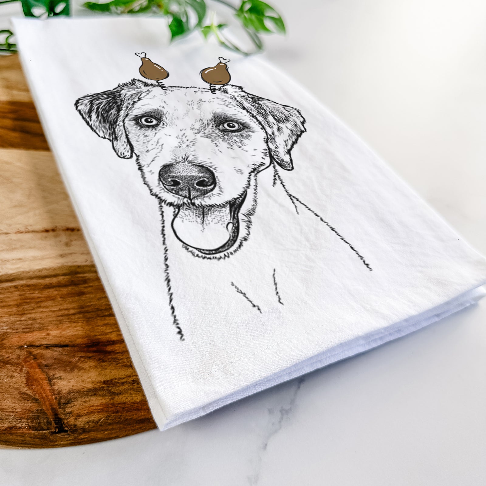 Hand-drawn sketch of Palm Palm the Aussiedoodle with a Thanksgiving turkey headpiece on a tea towel