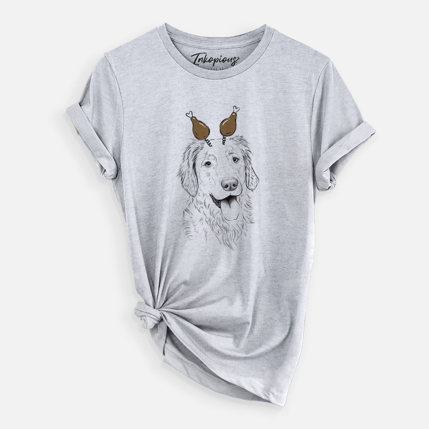 Hand-drawn sketch of Semba the Golden Retriever with a Thanksgiving turkey headpiece on a Grey Unisex crewneck