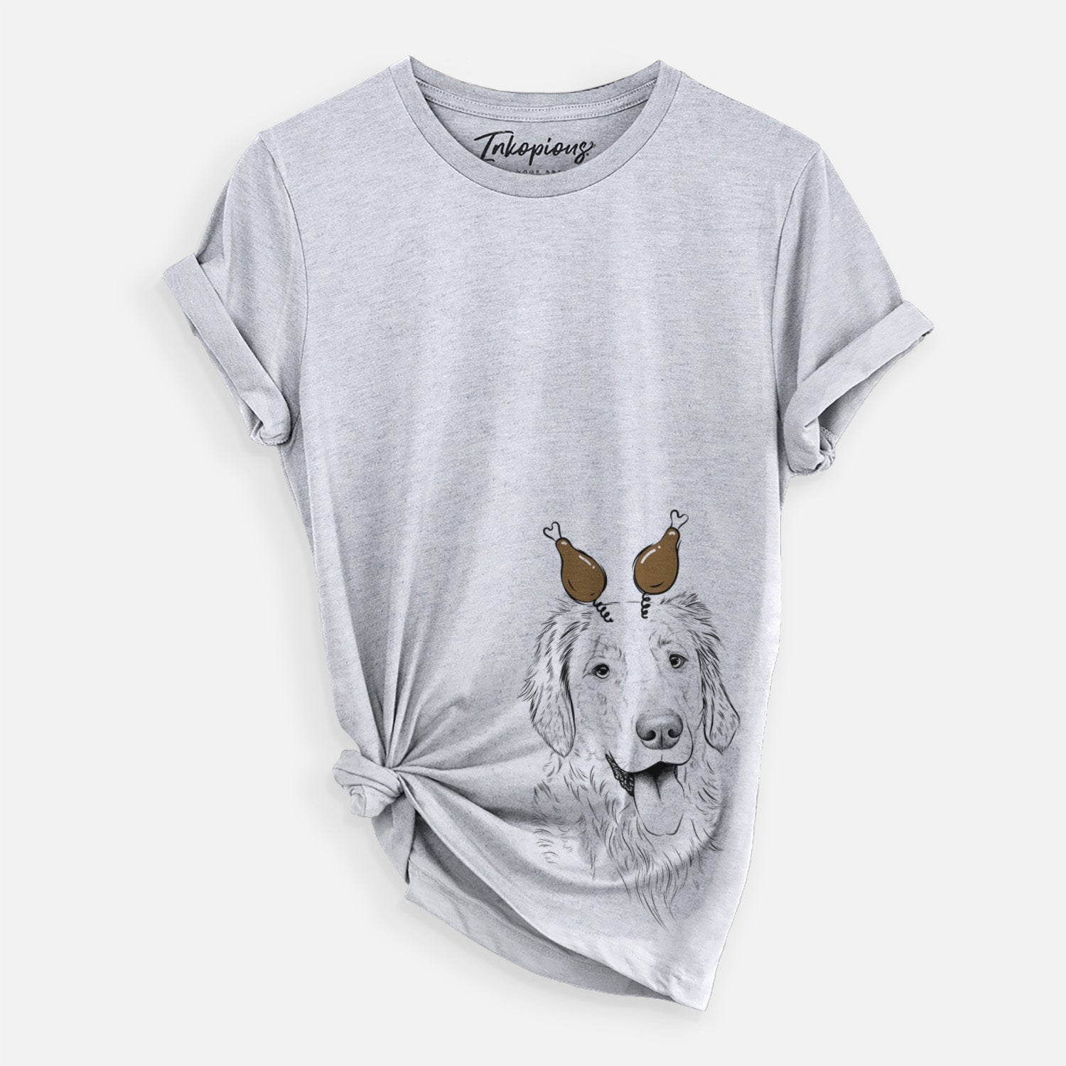 Hand-drawn sketch of Semba the Golden Retriever with a Thanksgiving turkey headpiece on a Grey Unisex crewneck
