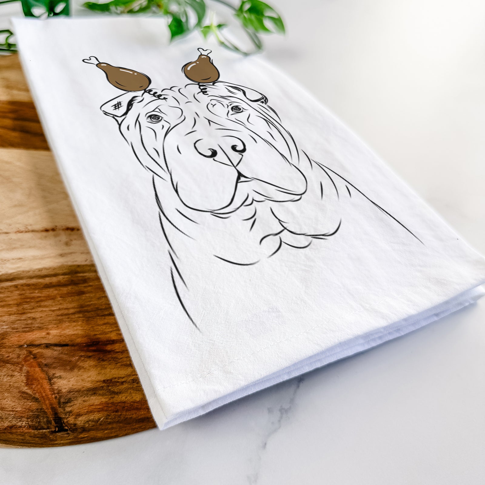 Hand-drawn sketch of Sharpy the Shar Pei with a Thanksgiving turkey headpiece on a tea towel