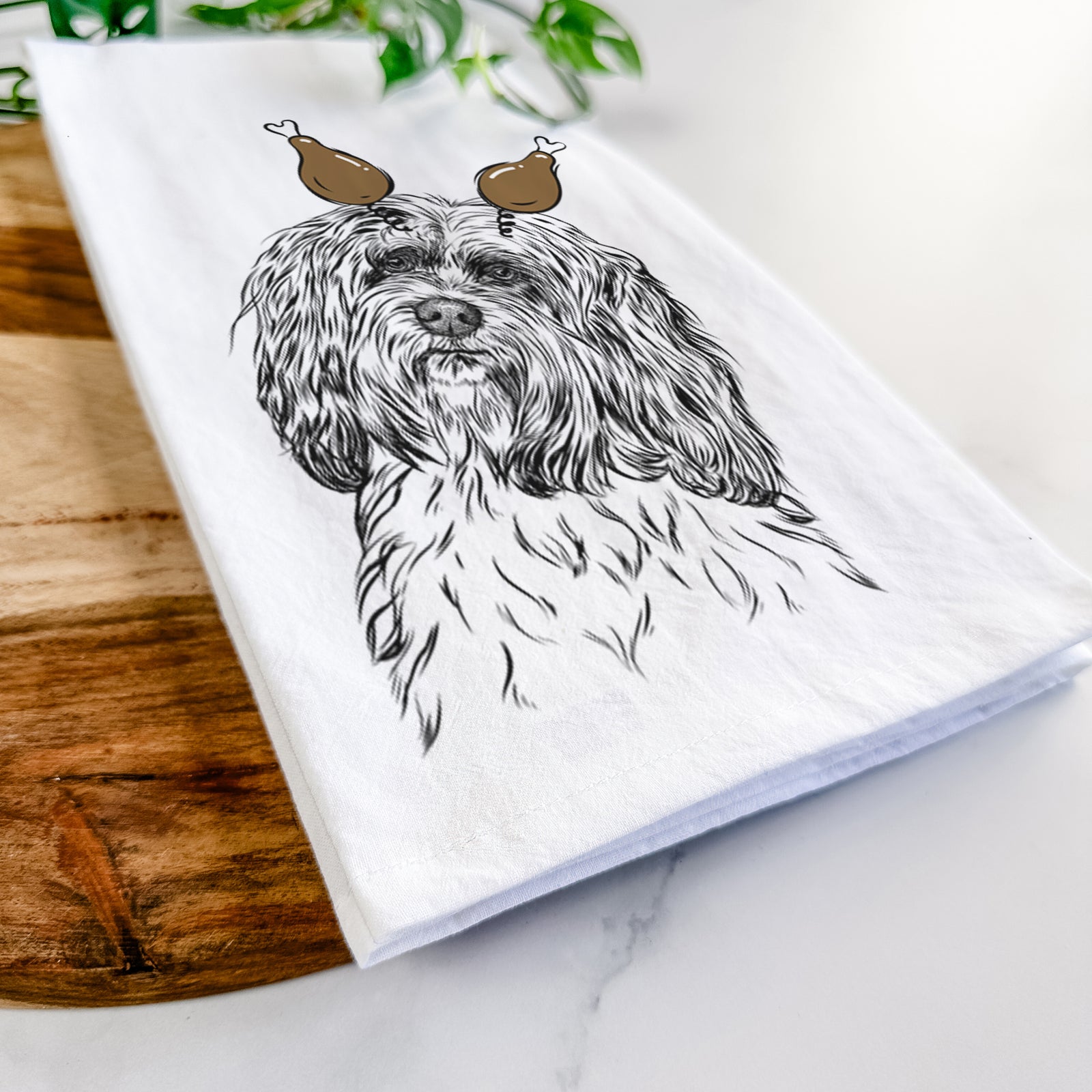 Hand-drawn sketch of Shenpa the Tibetan Terrier with a Thanksgiving turkey headpiece on a tea towel
