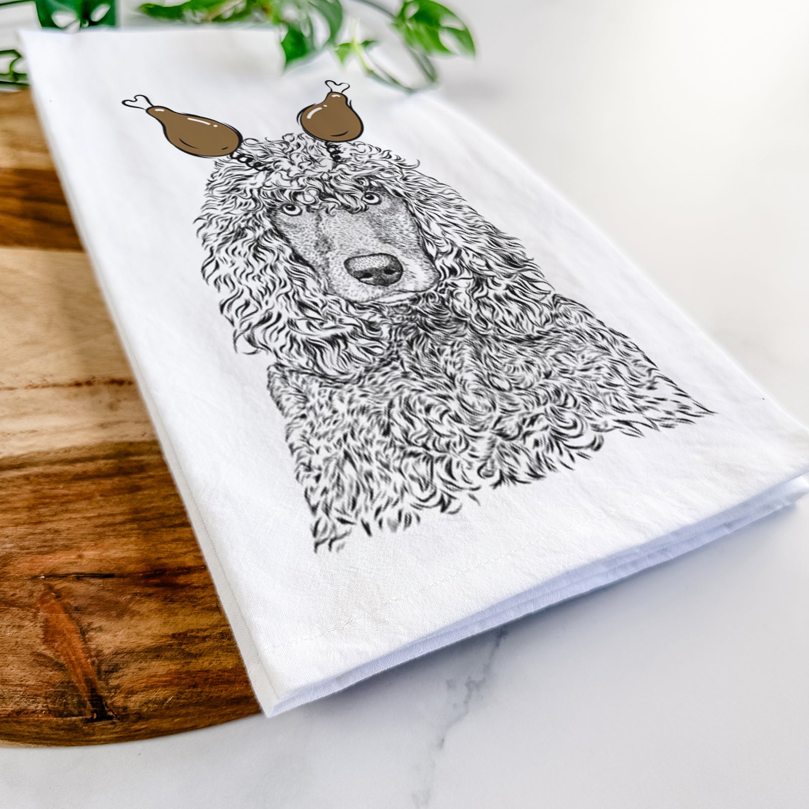 Hand-drawn sketch of Shilo the Irish Water Spaniel with a Thanksgiving turkey headpiece on a tea towel