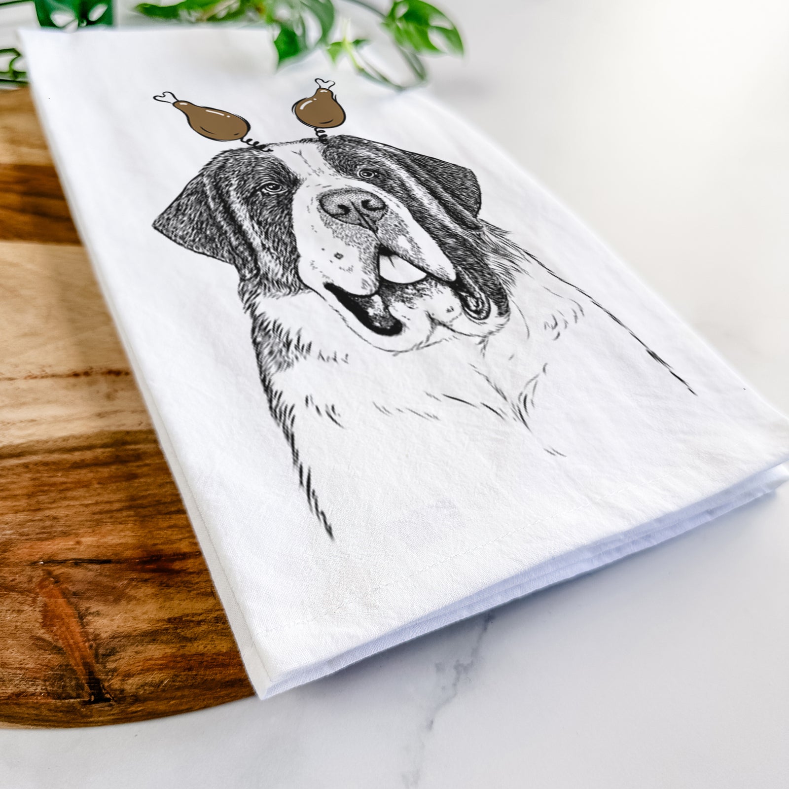 Hand-drawn sketch of Thor the Saint Bernard with a Thanksgiving turkey headpiece on a tea towel