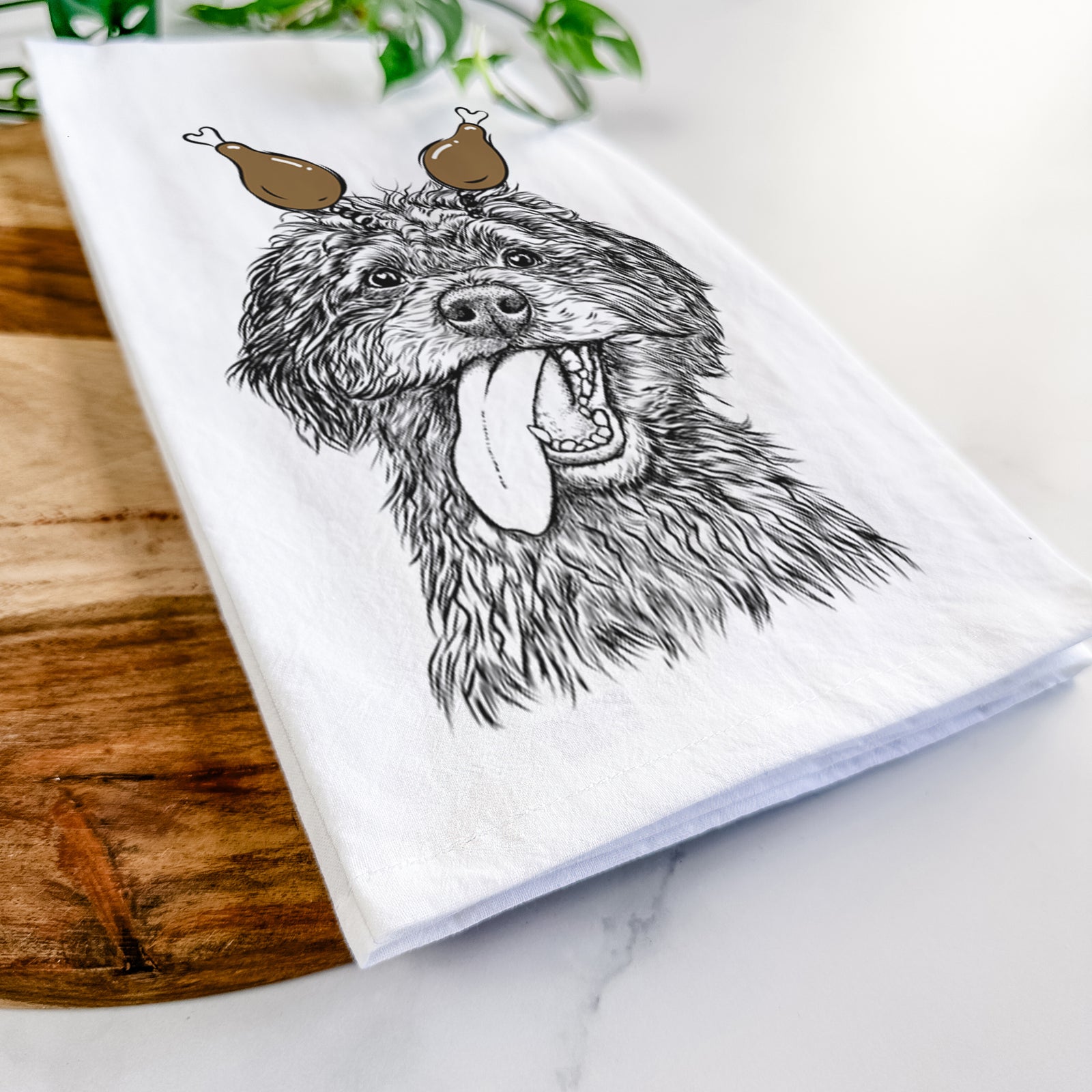 Hand-drawn sketch of Winnie the Mini Aussiedoodle with a Thanksgiving turkey headpiece on a tea towel