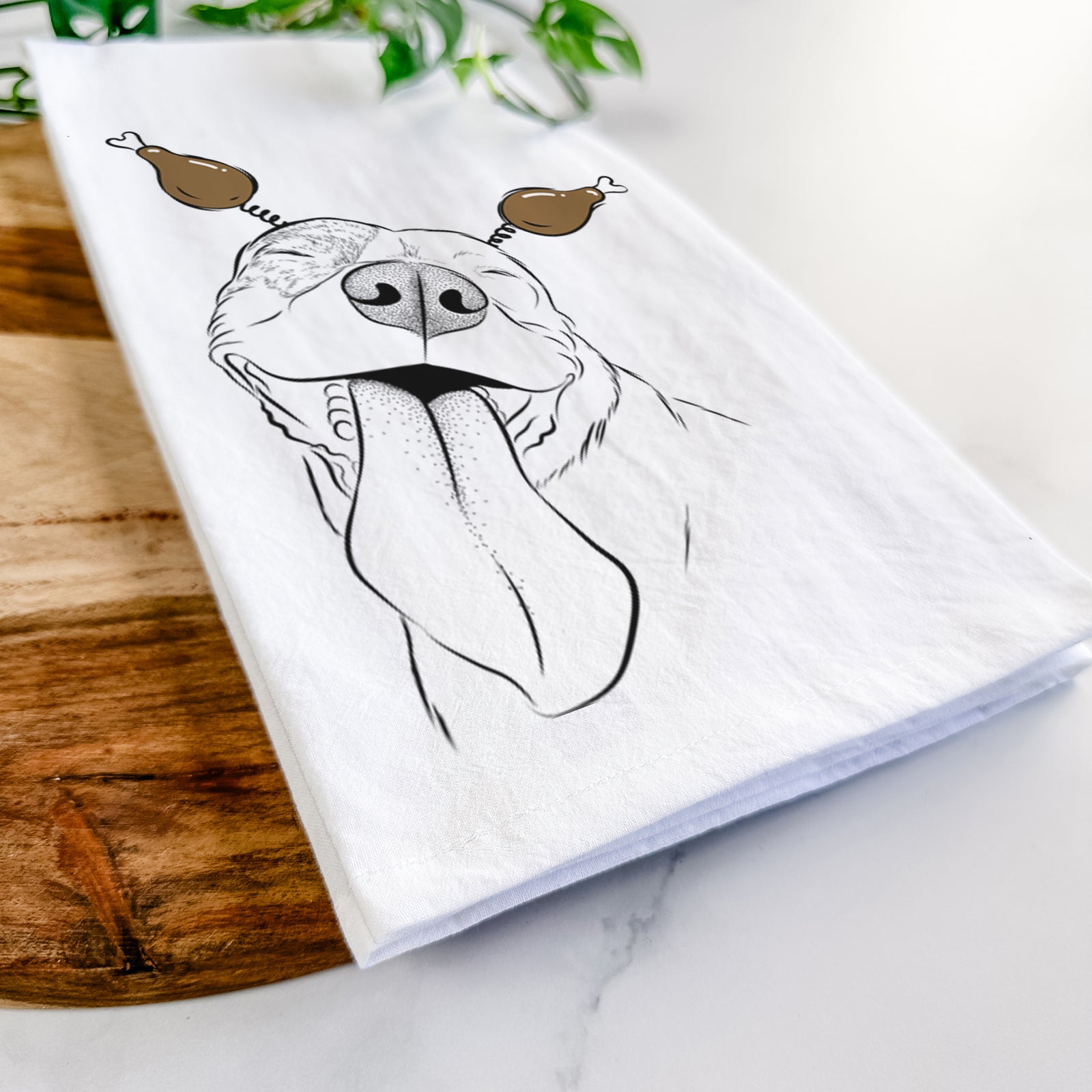 Hand-drawn sketch of Xena the American Staffordshire Terrier with a Thanksgiving turkey headpiece on a tea towel