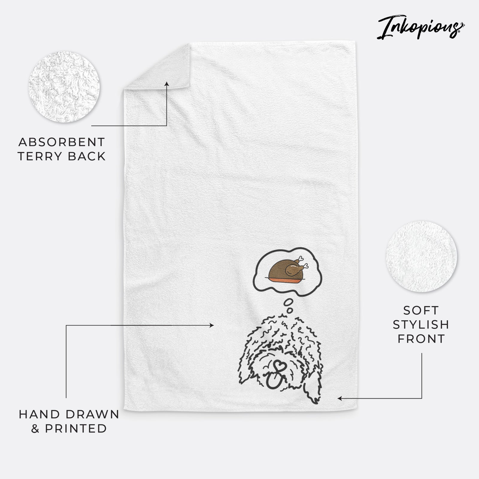 Minimalist line drawing of Antonio the Spanish Water Dog with a little turkey on a decorative hand towel