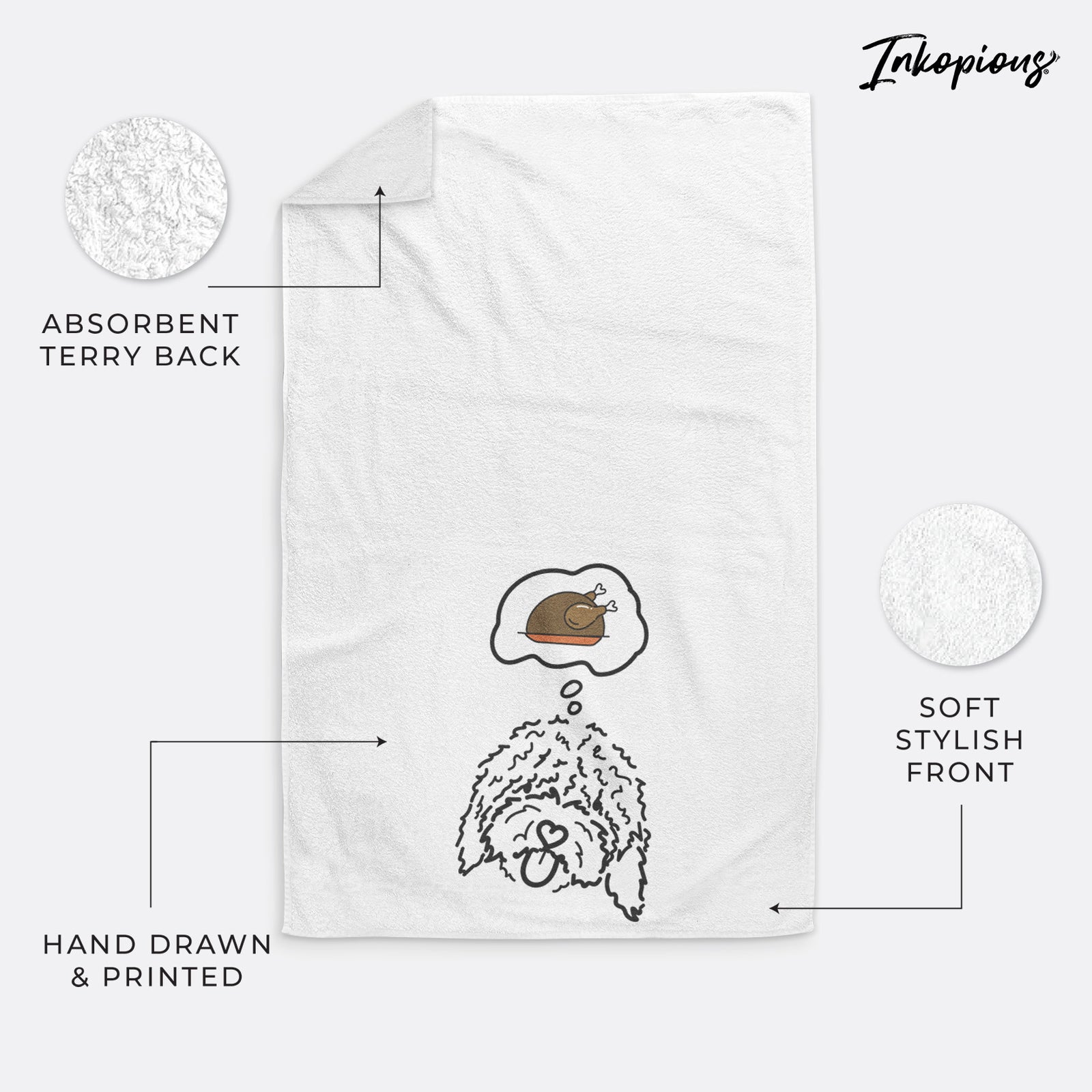 Minimalist line drawing of Antonio the Spanish Water Dog with a little turkey on a decorative hand towel