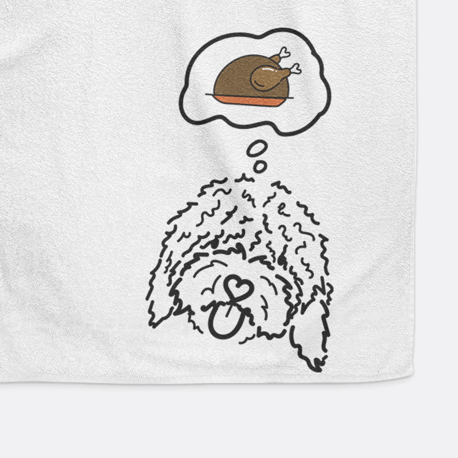Minimalist line drawing of Antonio the Spanish Water Dog with a little turkey on a decorative hand towel