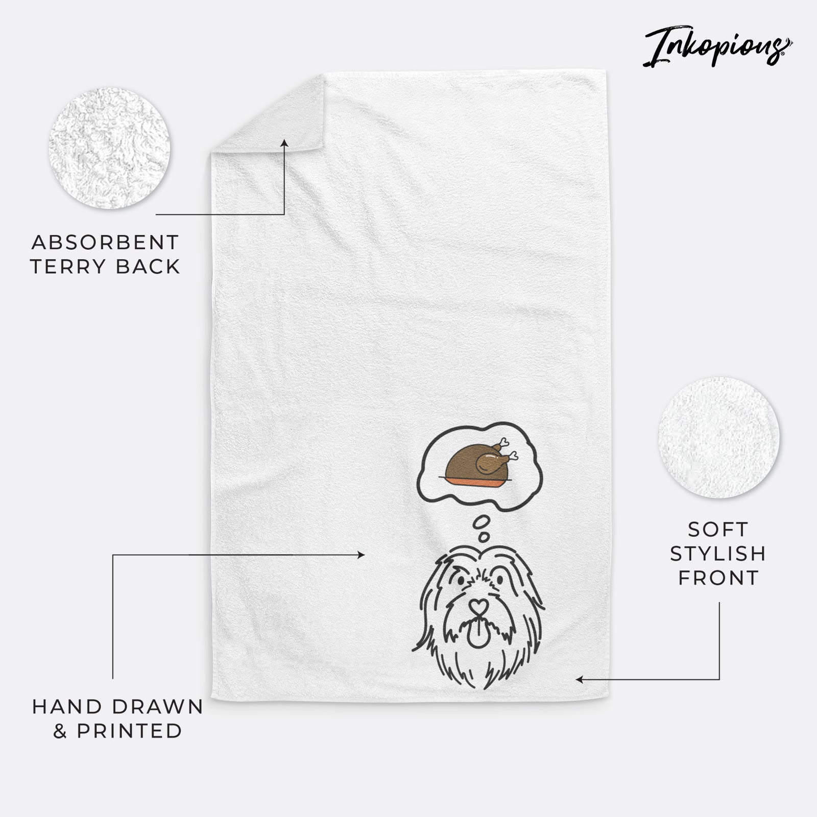 Minimalist line drawing of Tucker the Bearded Collie with a little turkey on a decorative hand towel