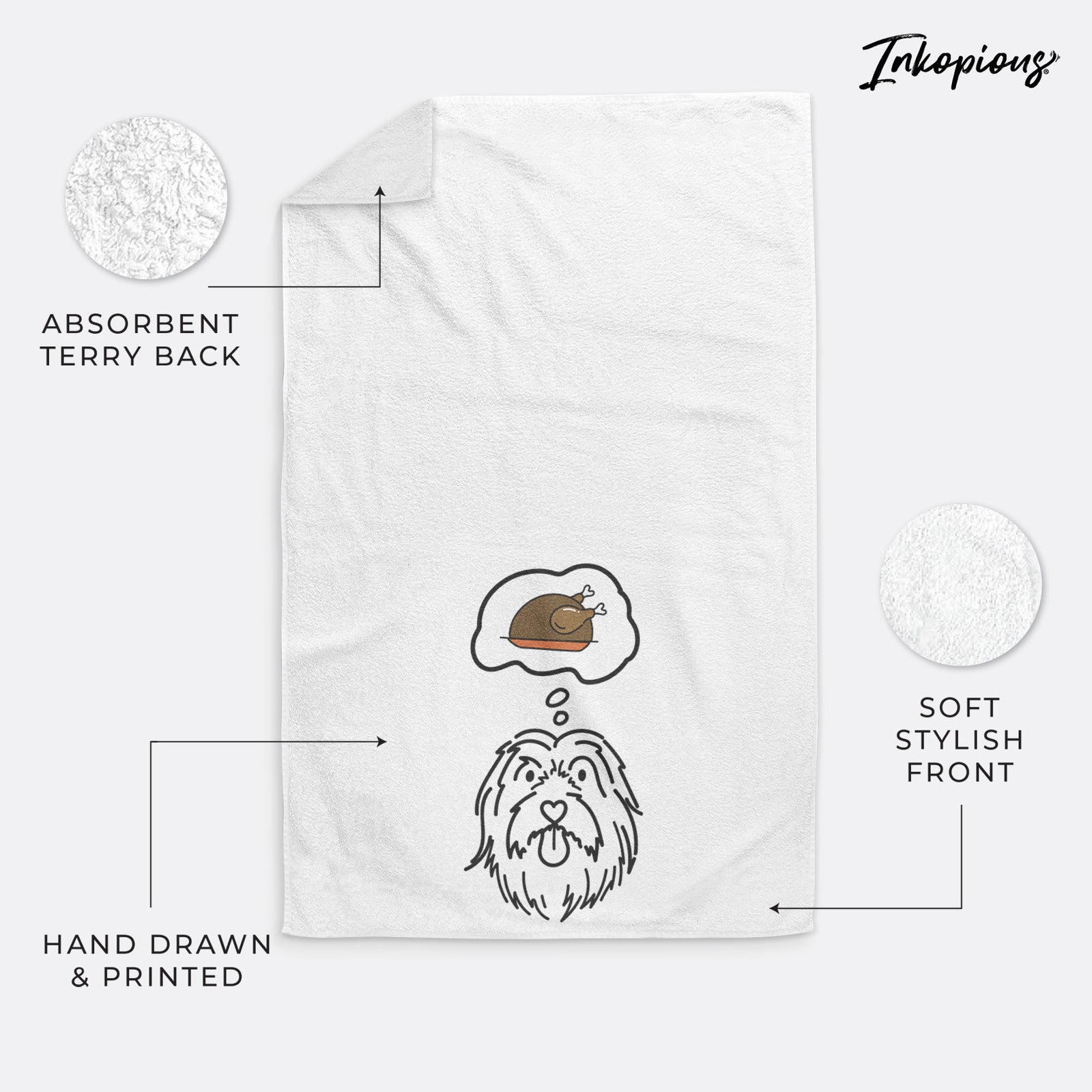 Minimalist line drawing of Tucker the Bearded Collie with a little turkey on a decorative hand towel