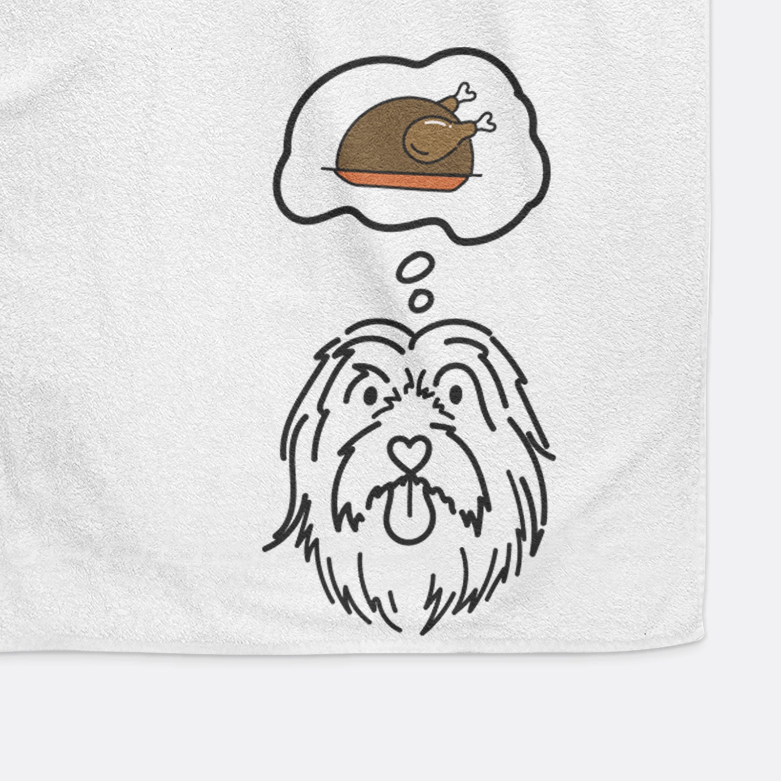 Minimalist line drawing of Tucker the Bearded Collie with a little turkey on a decorative hand towel