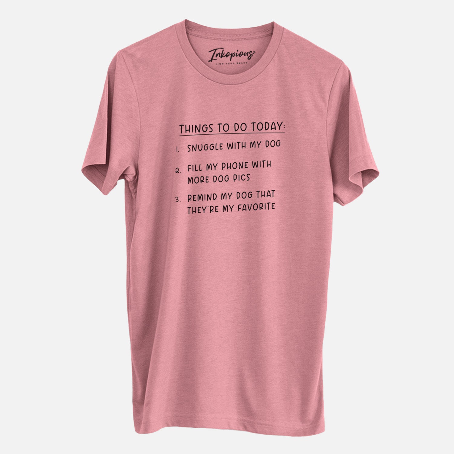 'Things to Do Today - Snuggle with Dog' design on a Mauve Unisex crewneck, worn by a man