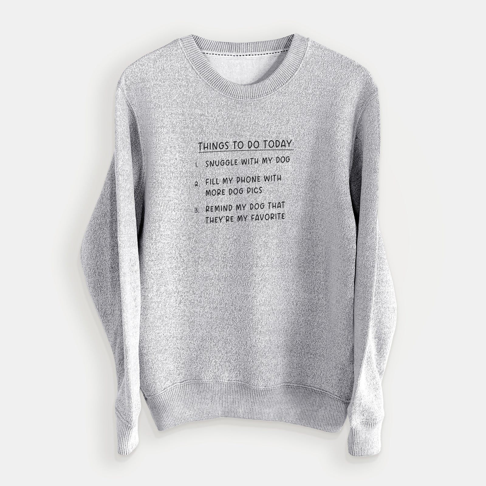 'Things to Do Today - Snuggle with Dog' design on a Salt Pepper knit sweatshirt