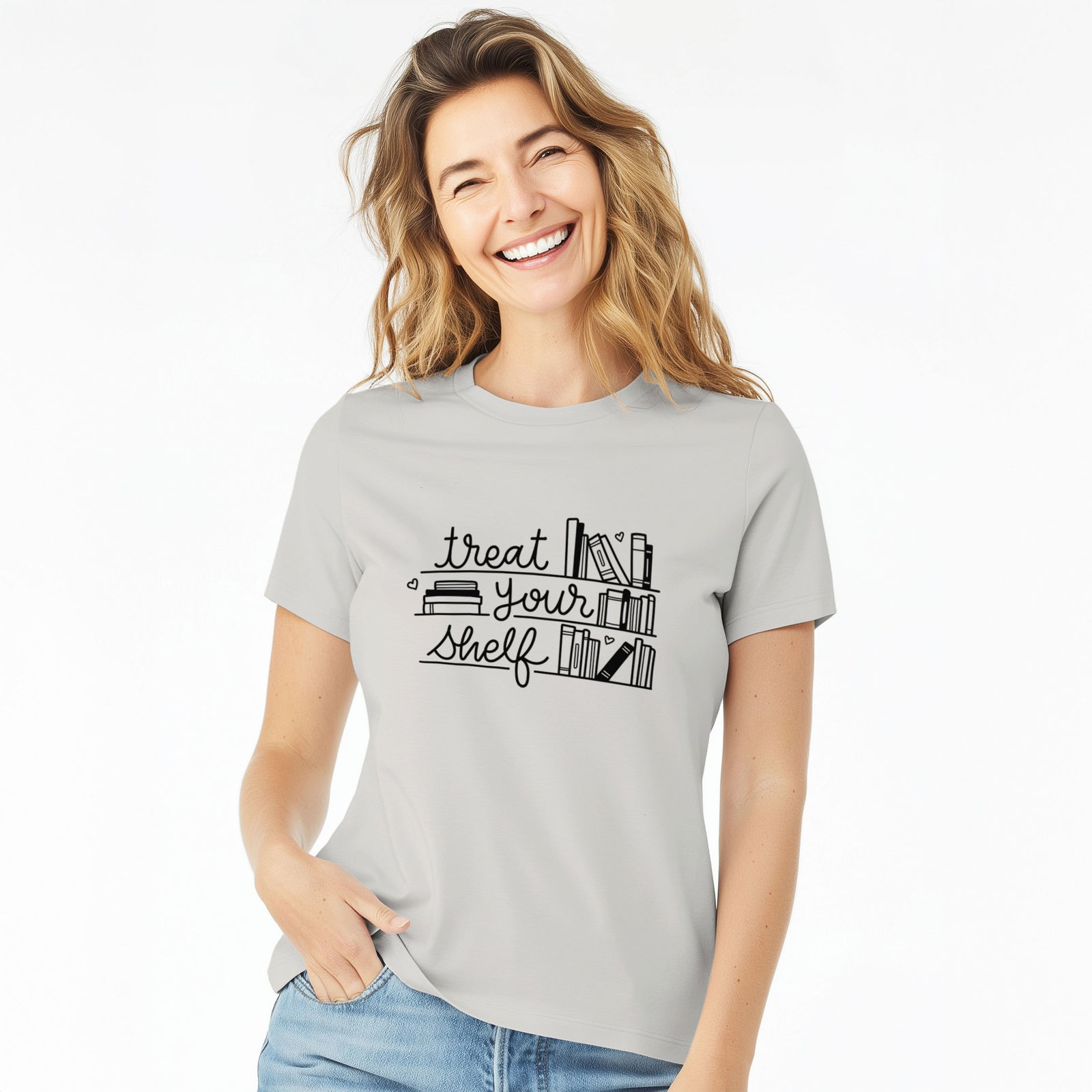 Treat Your Shelf - Book Pun - Women's Lightweight Relaxed Fit 100% Cotton Crewneck
