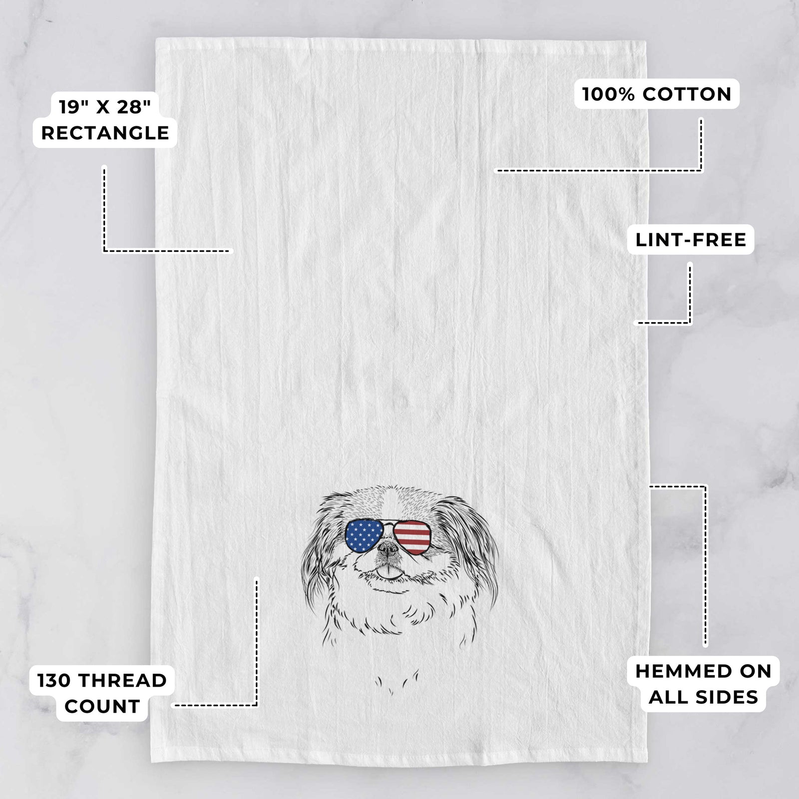 Hand-drawn sketch of Abra Bean the Pekingese wearing American flag sunglasses on a tea towel, with feature callouts: 19 x 28 inch rectangle, 100% cotton, lint-free, 120 thread count, hemmed on all sides