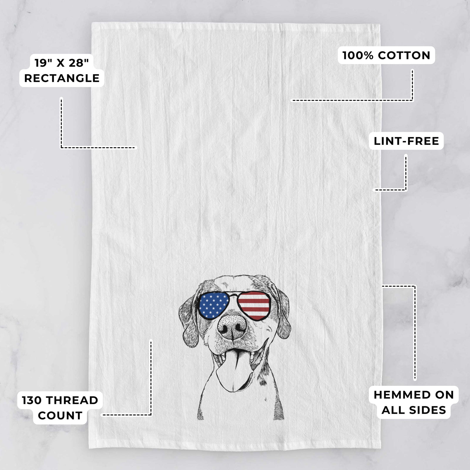 Hand-drawn sketch of Ace Boogie the Mixed Breed wearing American flag sunglasses on a tea towel, with feature callouts: 19 x 28 inch rectangle, 100% cotton, lint-free, 120 thread count, hemmed on all sides