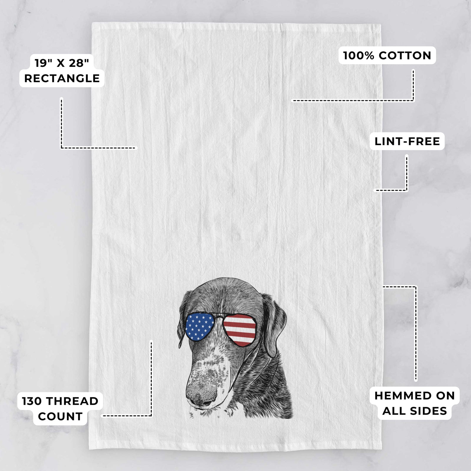 Hand-drawn sketch of Angel Orion the Mixed Breed wearing American flag sunglasses on a tea towel, with feature callouts: 19 x 28 inch rectangle, 100% cotton, lint-free, 120 thread count, hemmed on all sides