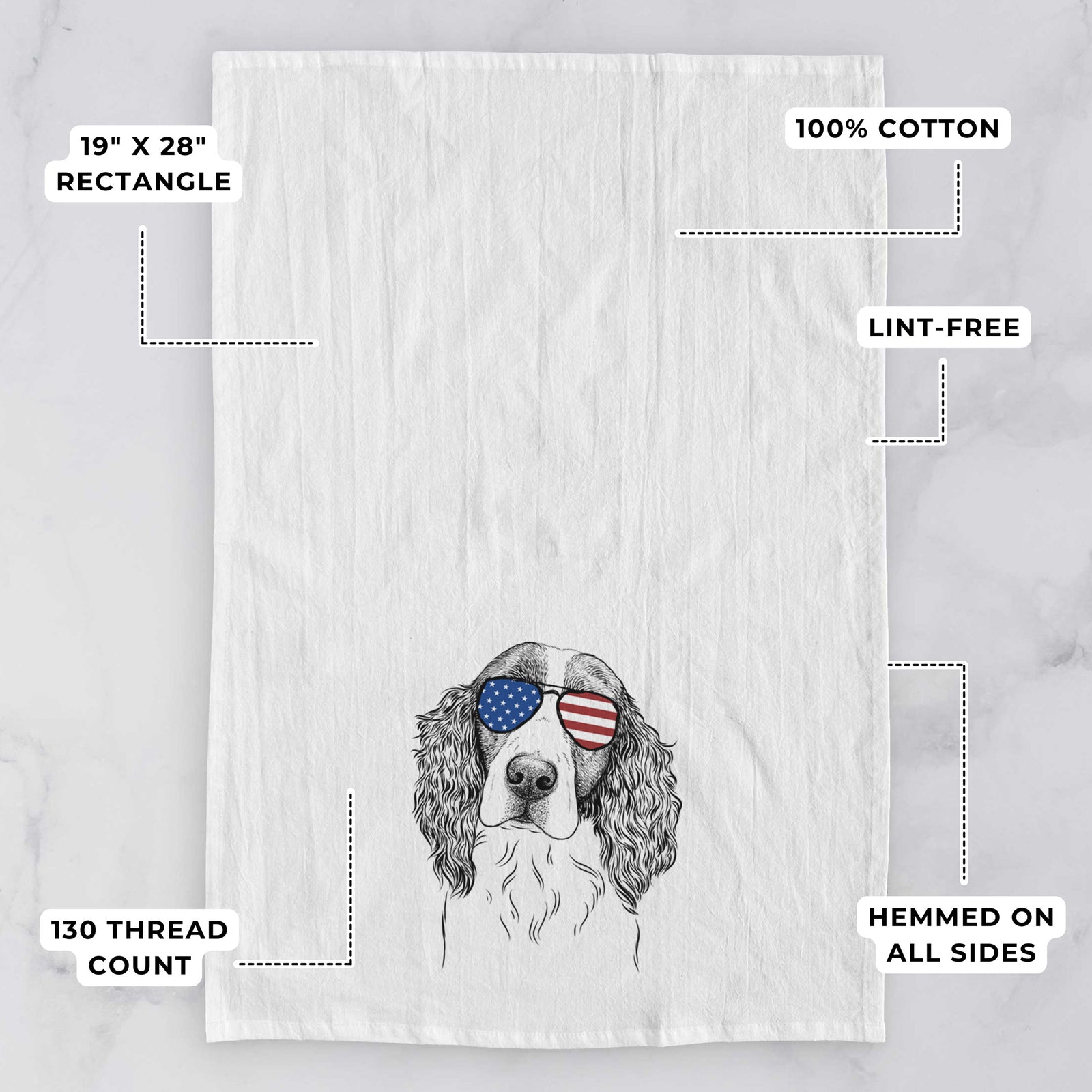 Hand-drawn sketch of Annie the English Springer Spaniel wearing American flag sunglasses on a tea towel, with feature callouts: 19 x 28 inch rectangle, 100% cotton, lint-free, 120 thread count, hemmed on all sides
