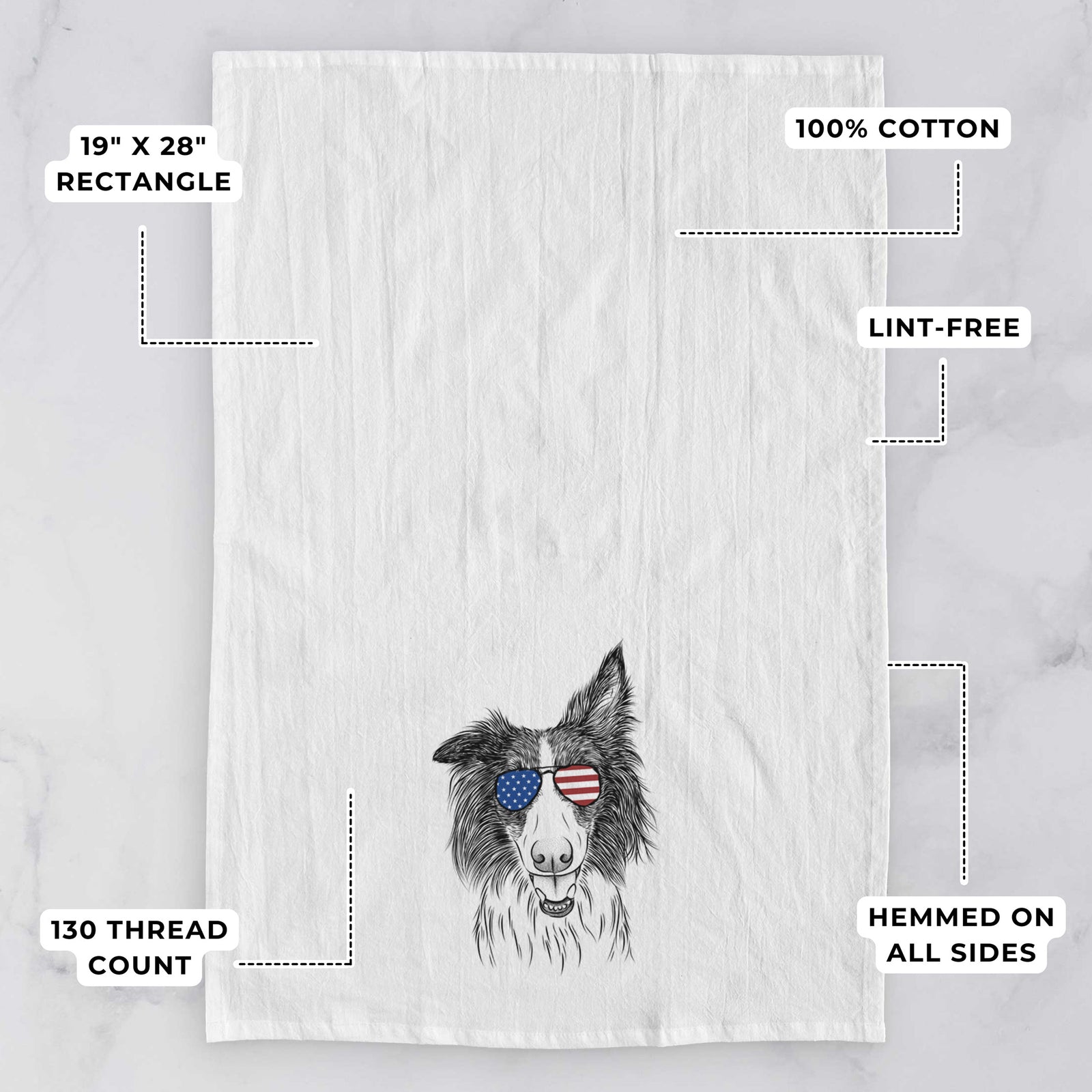 Hand-drawn sketch of Archie the Silken Windhound wearing American flag sunglasses on a tea towel, with feature callouts: 19 x 28 inch rectangle, 100% cotton, lint-free, 120 thread count, hemmed on all sides