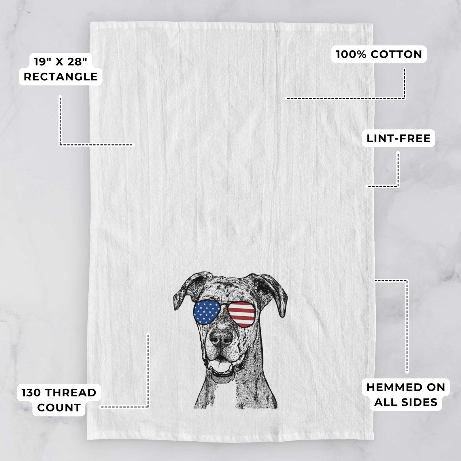 Hand-drawn sketch of Athena the Merle Great Dane wearing American flag sunglasses on a tea towel, with feature callouts: 19 x 28 inch rectangle, 100% cotton, lint-free, 120 thread count, hemmed on all sides