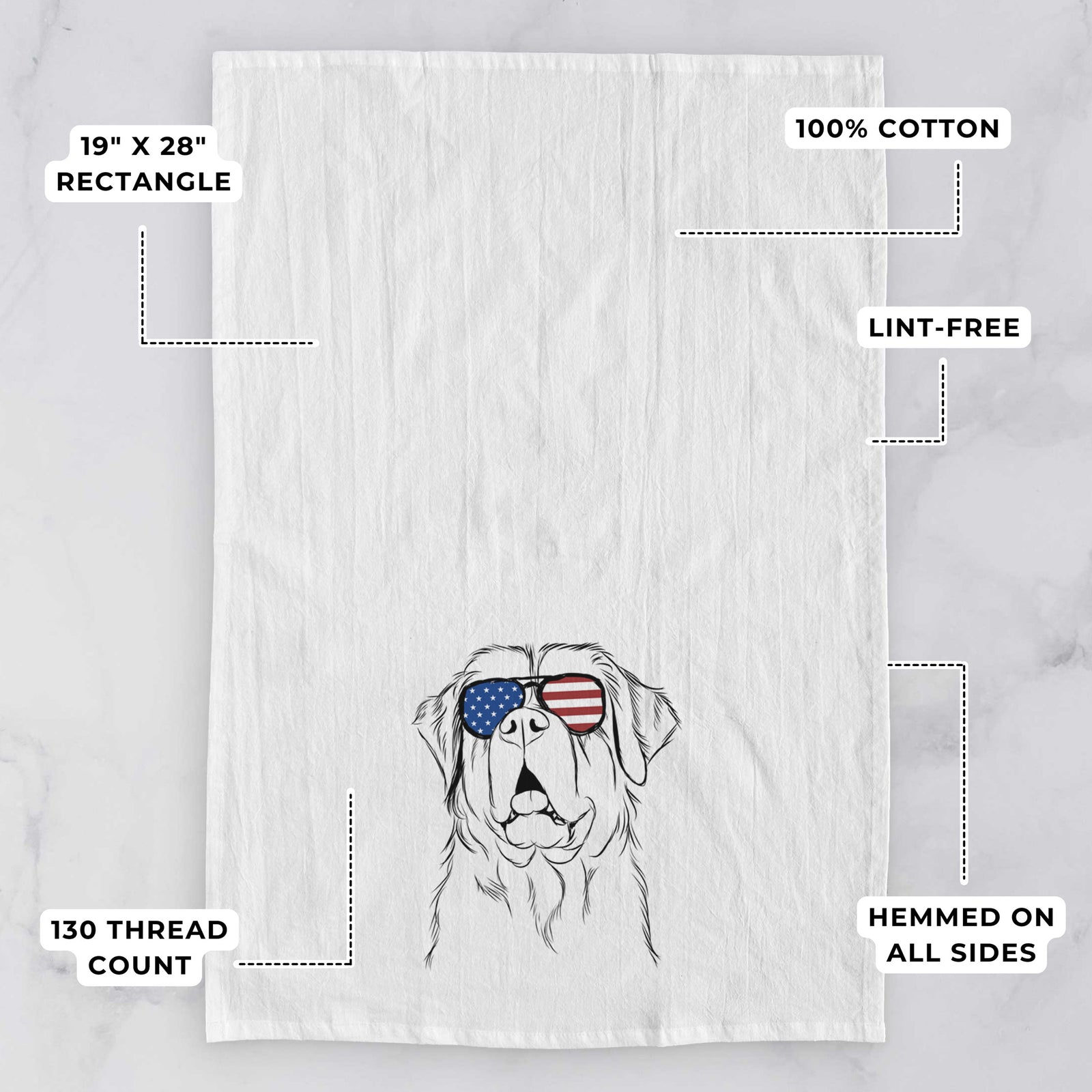 Hand-drawn sketch of Atlas the Saint Bernard wearing American flag sunglasses on a tea towel, with feature callouts: 19 x 28 inch rectangle, 100% cotton, lint-free, 120 thread count, hemmed on all sides