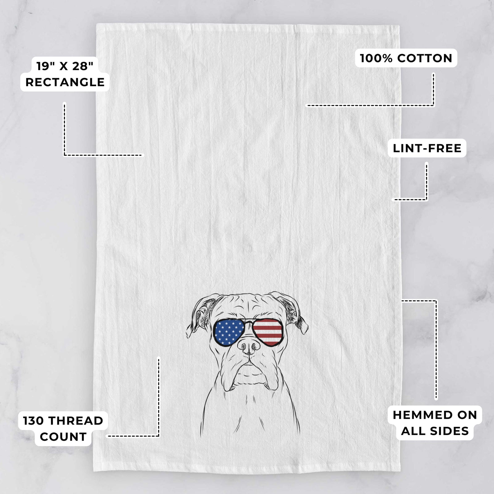 Hand-drawn sketch of Axel the Boxer wearing American flag sunglasses on a tea towel, with feature callouts: 19 x 28 inch rectangle, 100% cotton, lint-free, 120 thread count, hemmed on all sides