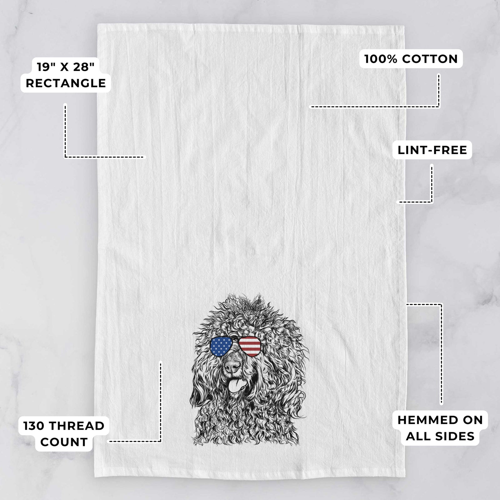 Hand-drawn sketch of Babs the Barbet wearing American flag sunglasses on a tea towel, with feature callouts: 19 x 28 inch rectangle, 100% cotton, lint-free, 120 thread count, hemmed on all sides