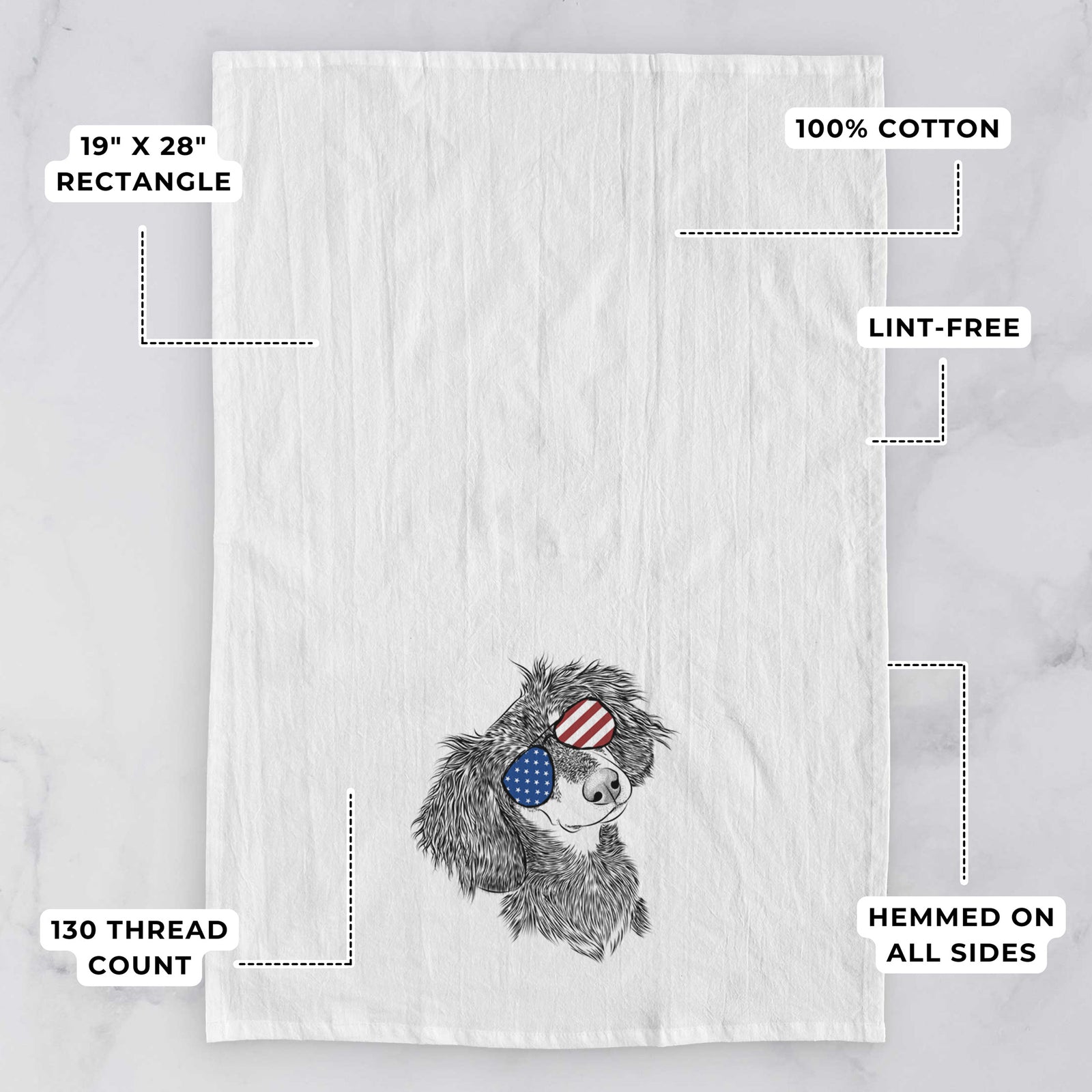 Hand-drawn sketch of Bailey the Long Haired Dachshund wearing American flag sunglasses on a tea towel, with feature callouts: 19 x 28 inch rectangle, 100% cotton, lint-free, 120 thread count, hemmed on all sides