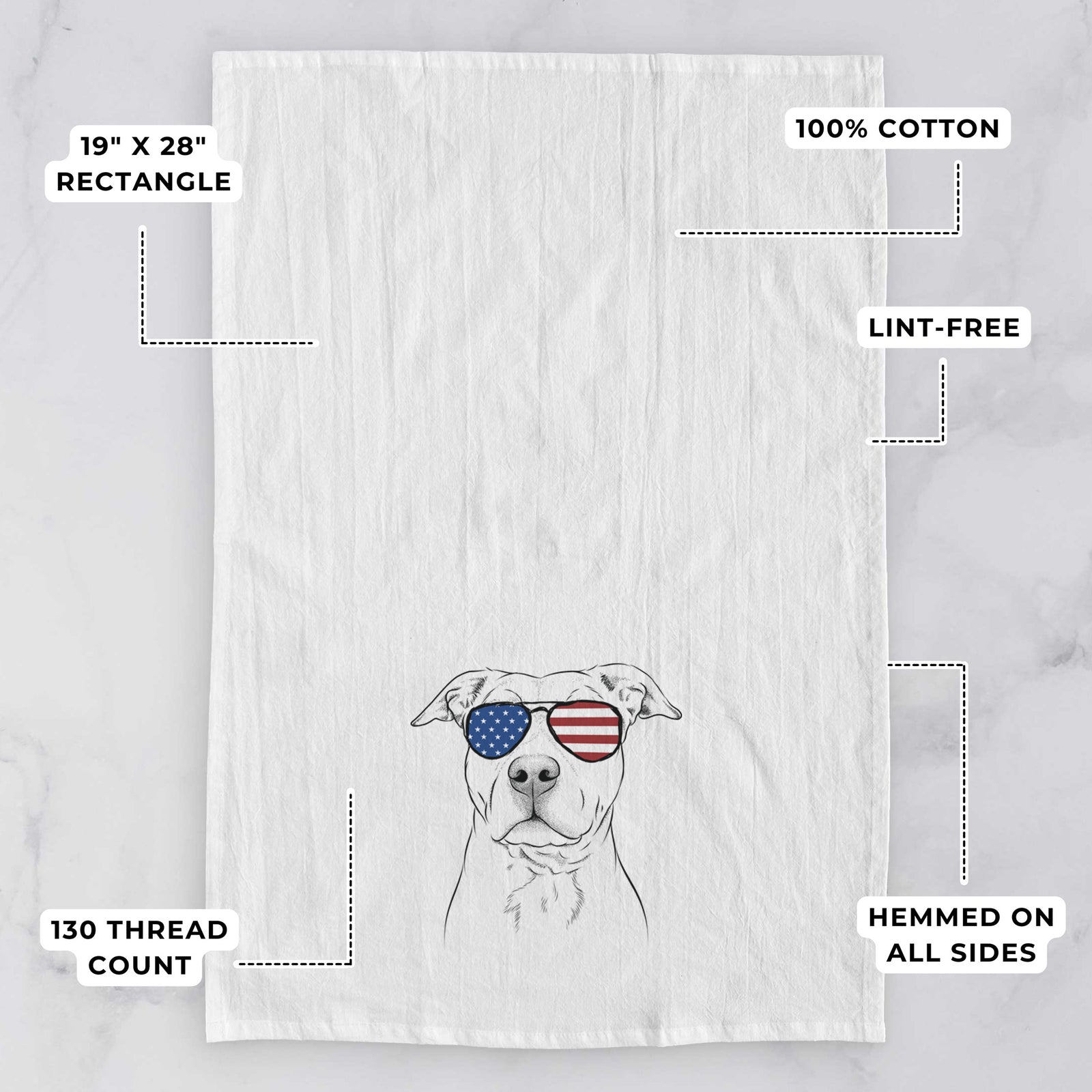 Hand-drawn sketch of Bailey the American Staffordshire Terrier wearing American flag sunglasses on a tea towel, with feature callouts: 19 x 28 inch rectangle, 100% cotton, lint-free, 120 thread count, hemmed on all sides