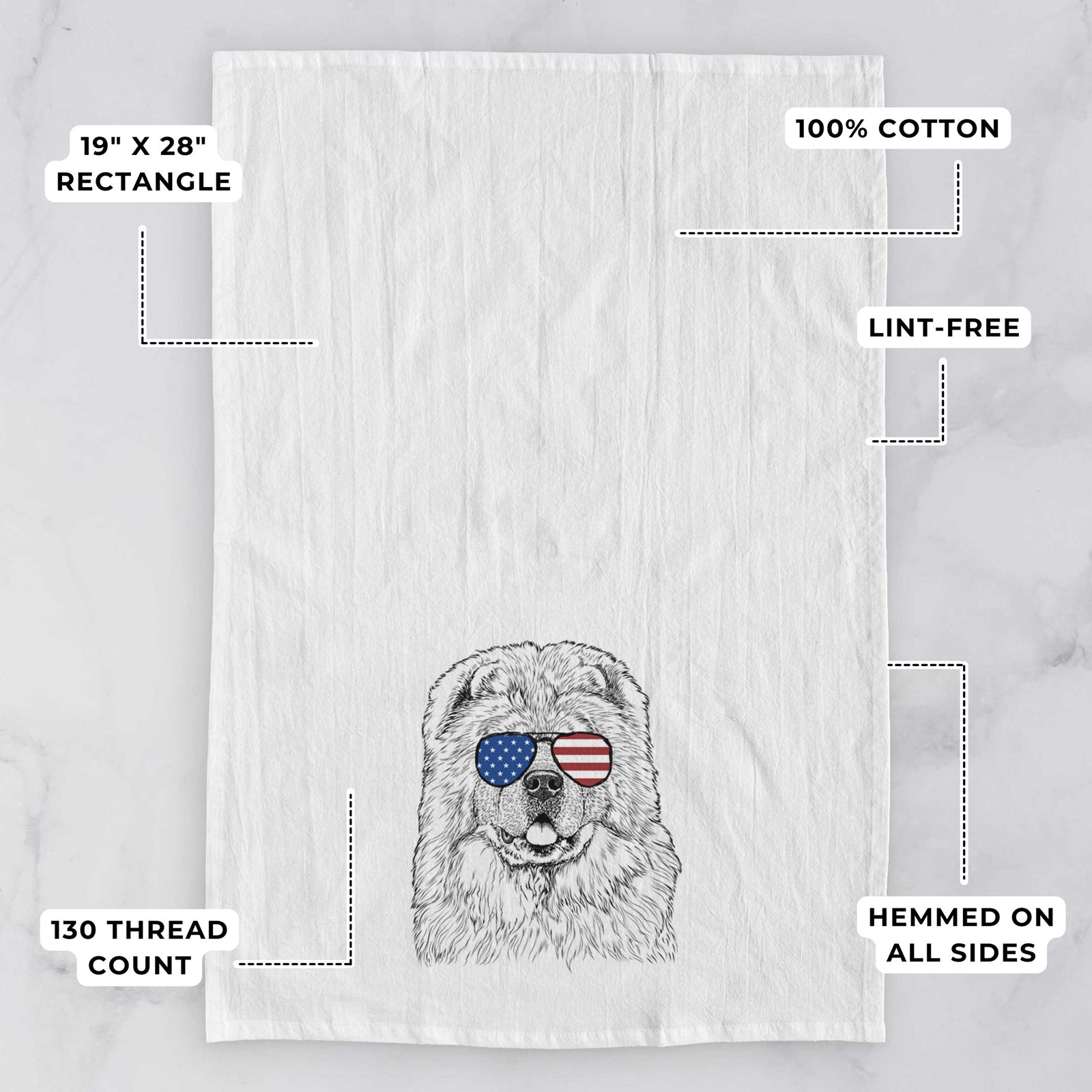 Hand-drawn sketch of Baloo the Chow Chow wearing American flag sunglasses on a tea towel, with feature callouts: 19 x 28 inch rectangle, 100% cotton, lint-free, 120 thread count, hemmed on all sides