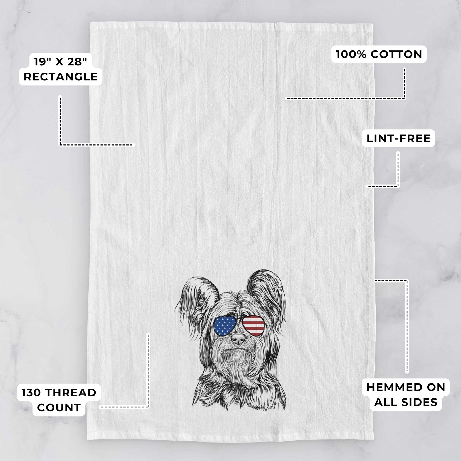 Hand-drawn sketch of Bandit the Skye Terrier wearing American flag sunglasses on a tea towel, with feature callouts: 19 x 28 inch rectangle, 100% cotton, lint-free, 120 thread count, hemmed on all sides