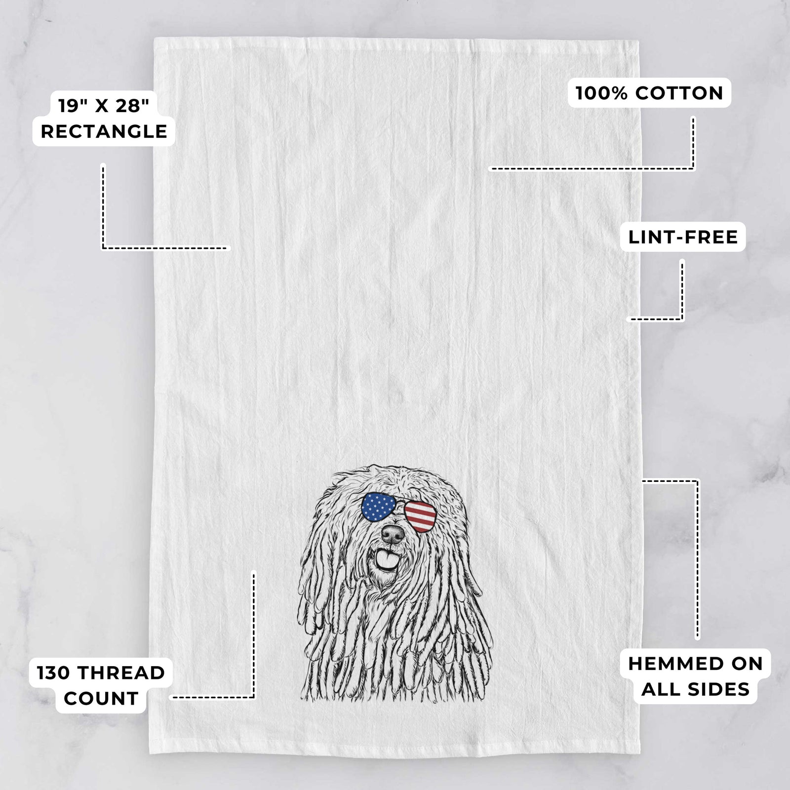 Hand-drawn sketch of Barry the Komondor wearing American flag sunglasses on a tea towel, with feature callouts: 19 x 28 inch rectangle, 100% cotton, lint-free, 120 thread count, hemmed on all sides