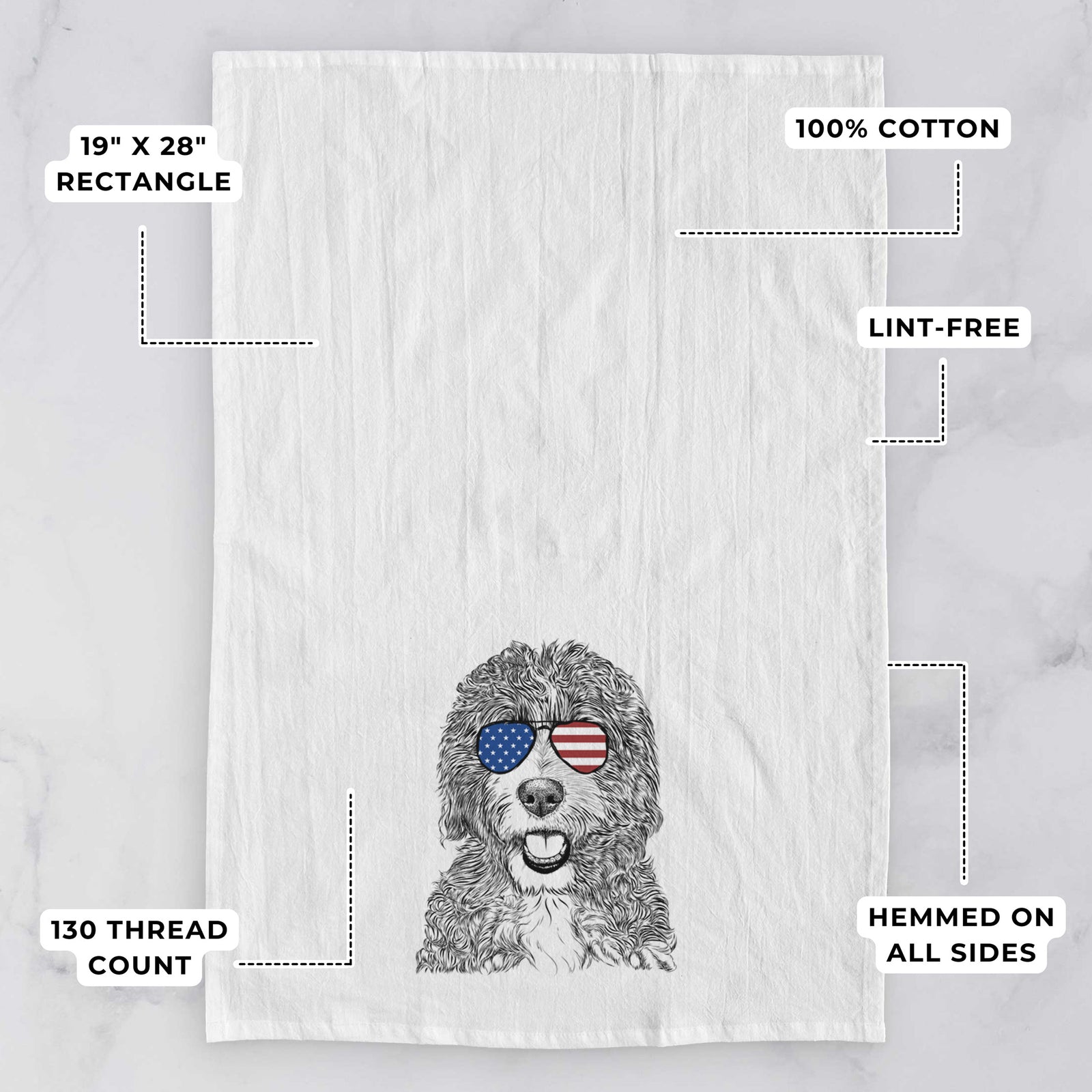 Hand-drawn sketch of Bash the Bernedoodle wearing American flag sunglasses on a tea towel, with feature callouts: 19 x 28 inch rectangle, 100% cotton, lint-free, 120 thread count, hemmed on all sides