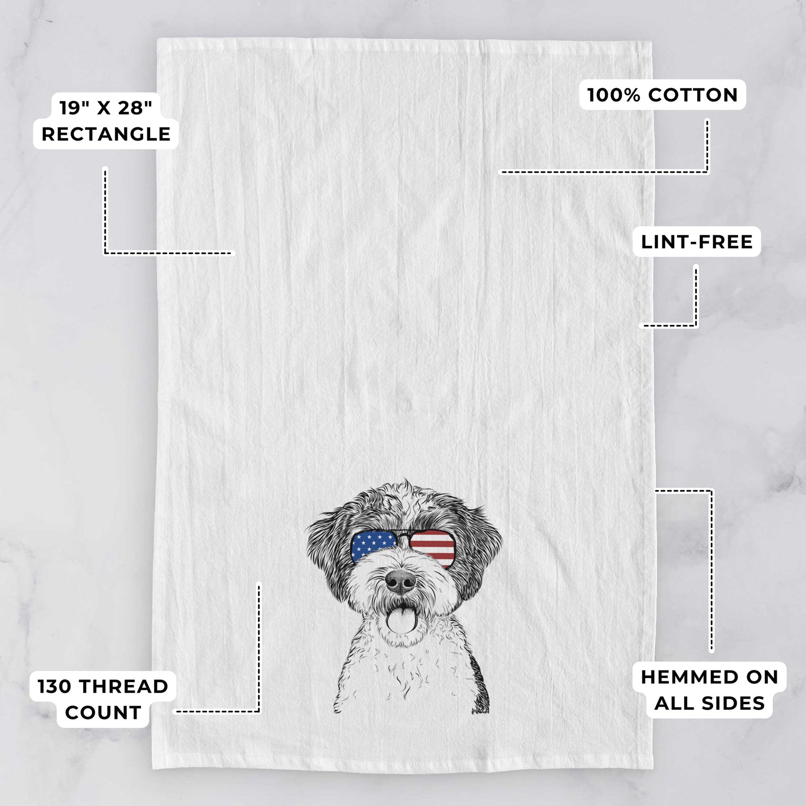 Hand-drawn sketch of Bella the Cockapoo wearing American flag sunglasses on a tea towel, with feature callouts: 19 x 28 inch rectangle, 100% cotton, lint-free, 120 thread count, hemmed on all sides