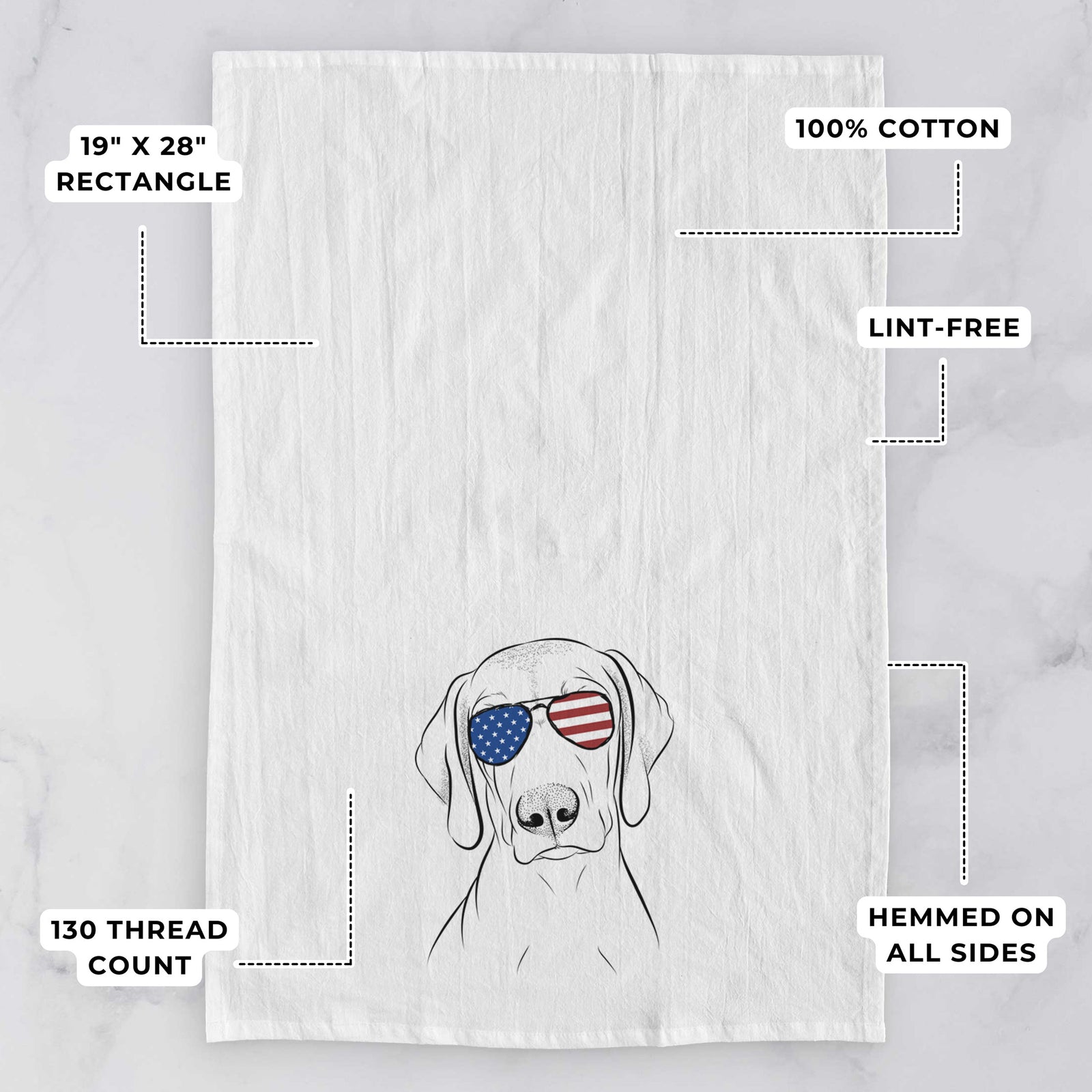Hand-drawn sketch of Benelli the Vizsla wearing American flag sunglasses on a tea towel, with feature callouts: 19 x 28 inch rectangle, 100% cotton, lint-free, 120 thread count, hemmed on all sides