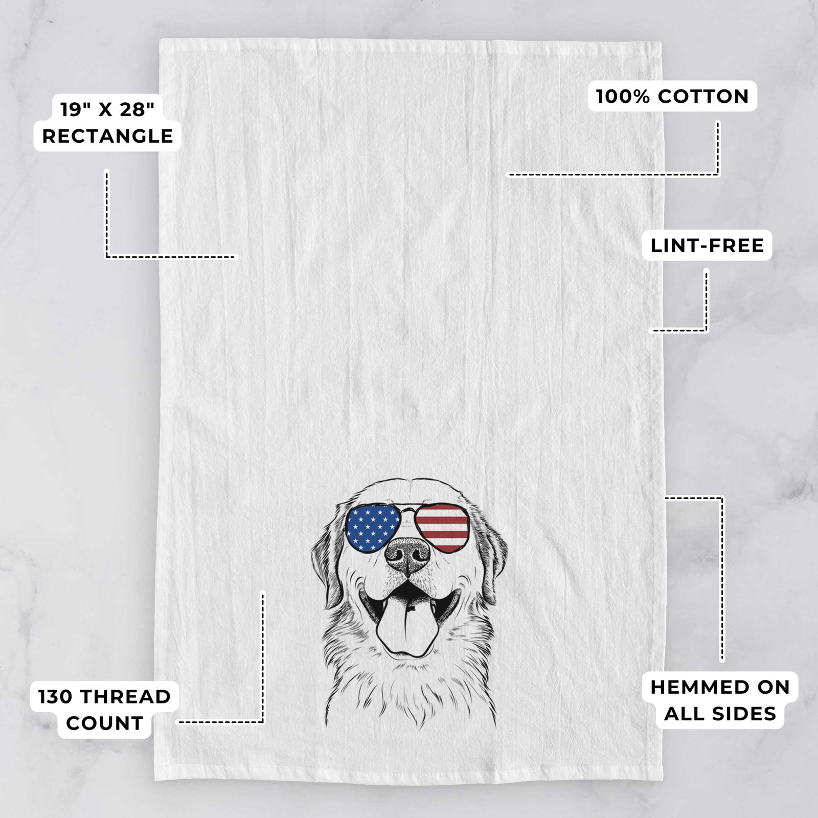 Hand-drawn sketch of Bennett the Golden Retriever wearing American flag sunglasses on a tea towel, with feature callouts: 19 x 28 inch rectangle, 100% cotton, lint-free, 120 thread count, hemmed on all sides