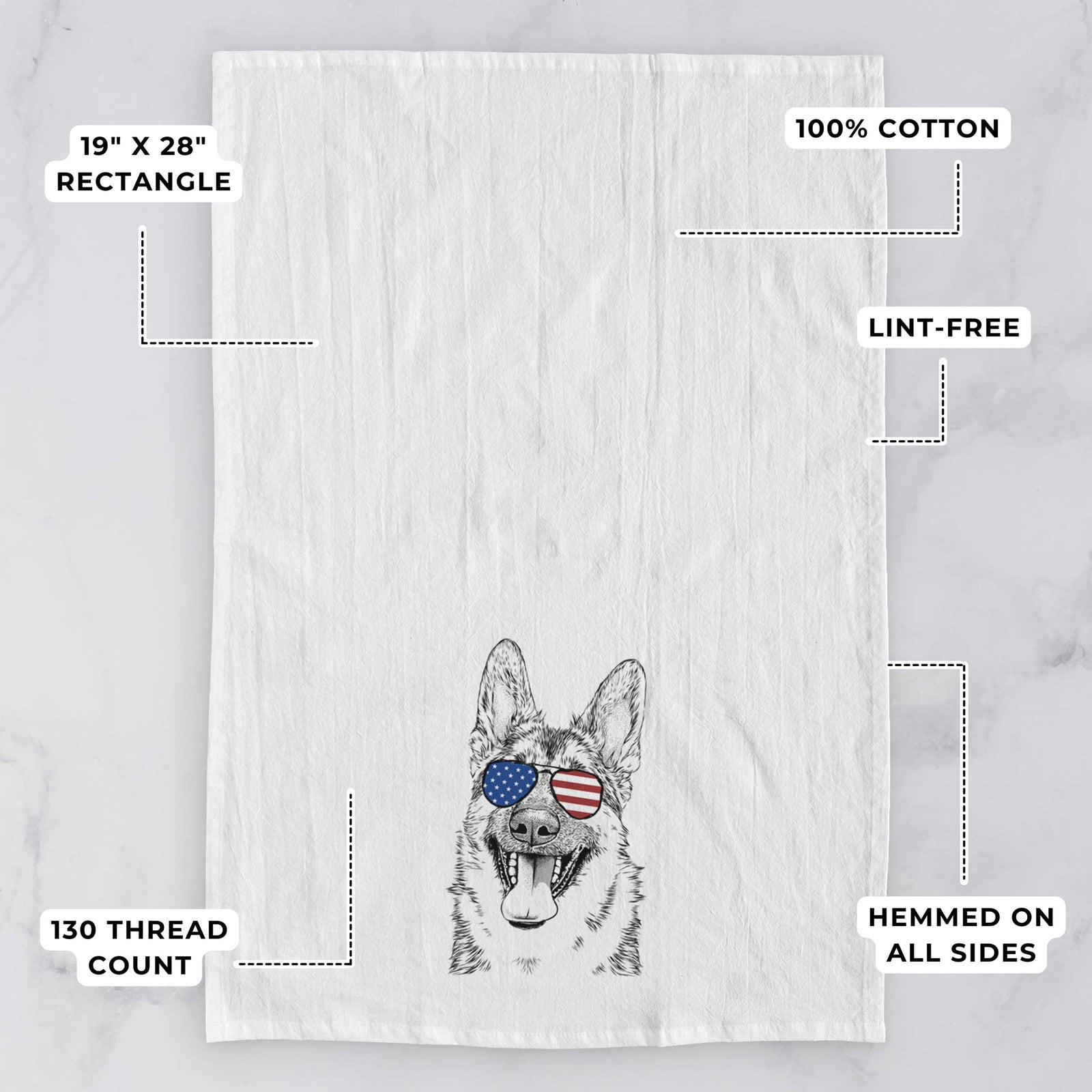 Hand-drawn sketch of Benson the German Shepherd wearing American flag sunglasses on a tea towel, with feature callouts: 19 x 28 inch rectangle, 100% cotton, lint-free, 120 thread count, hemmed on all sides