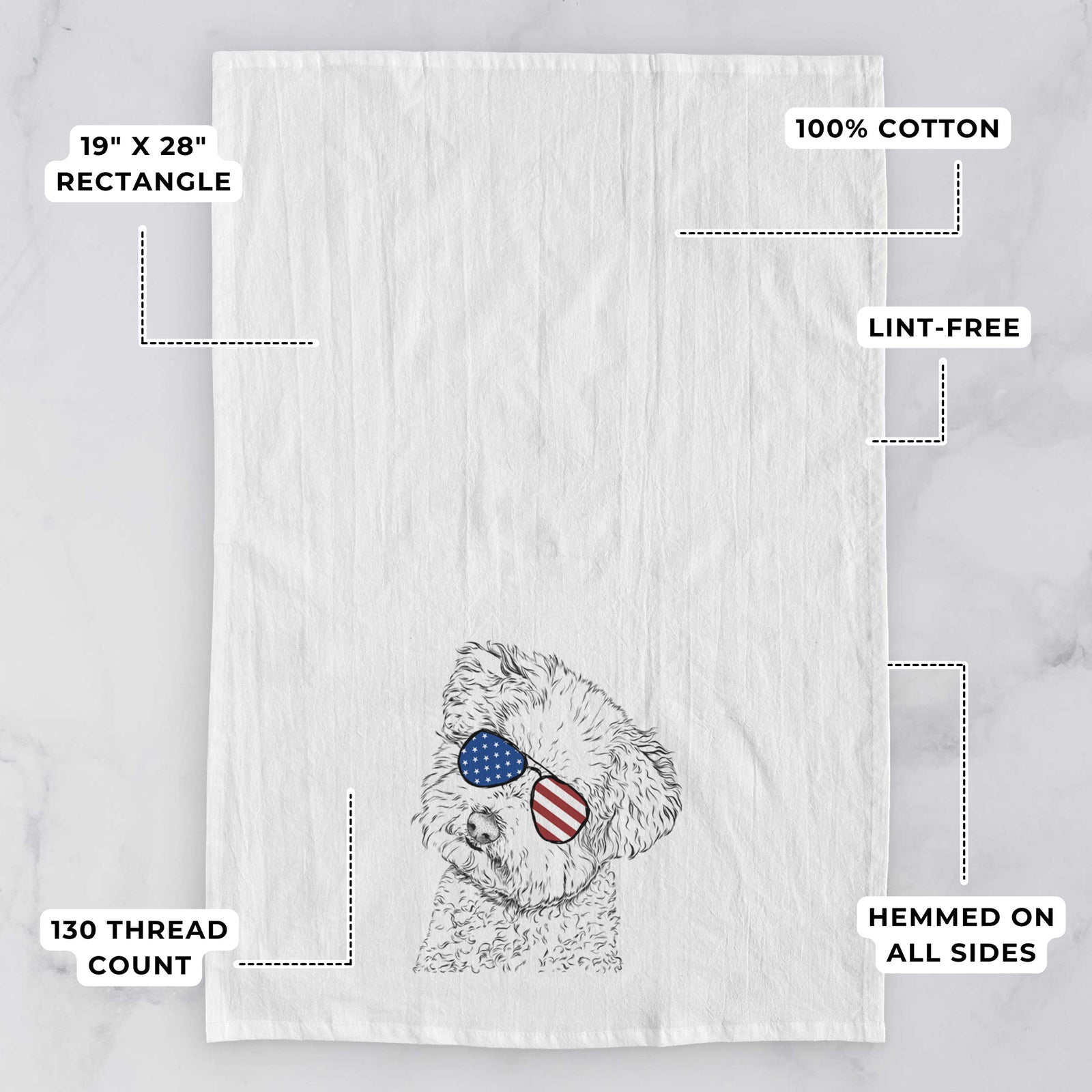 Hand-drawn sketch of Bento the Bolognese wearing American flag sunglasses on a tea towel, with feature callouts: 19 x 28 inch rectangle, 100% cotton, lint-free, 120 thread count, hemmed on all sides