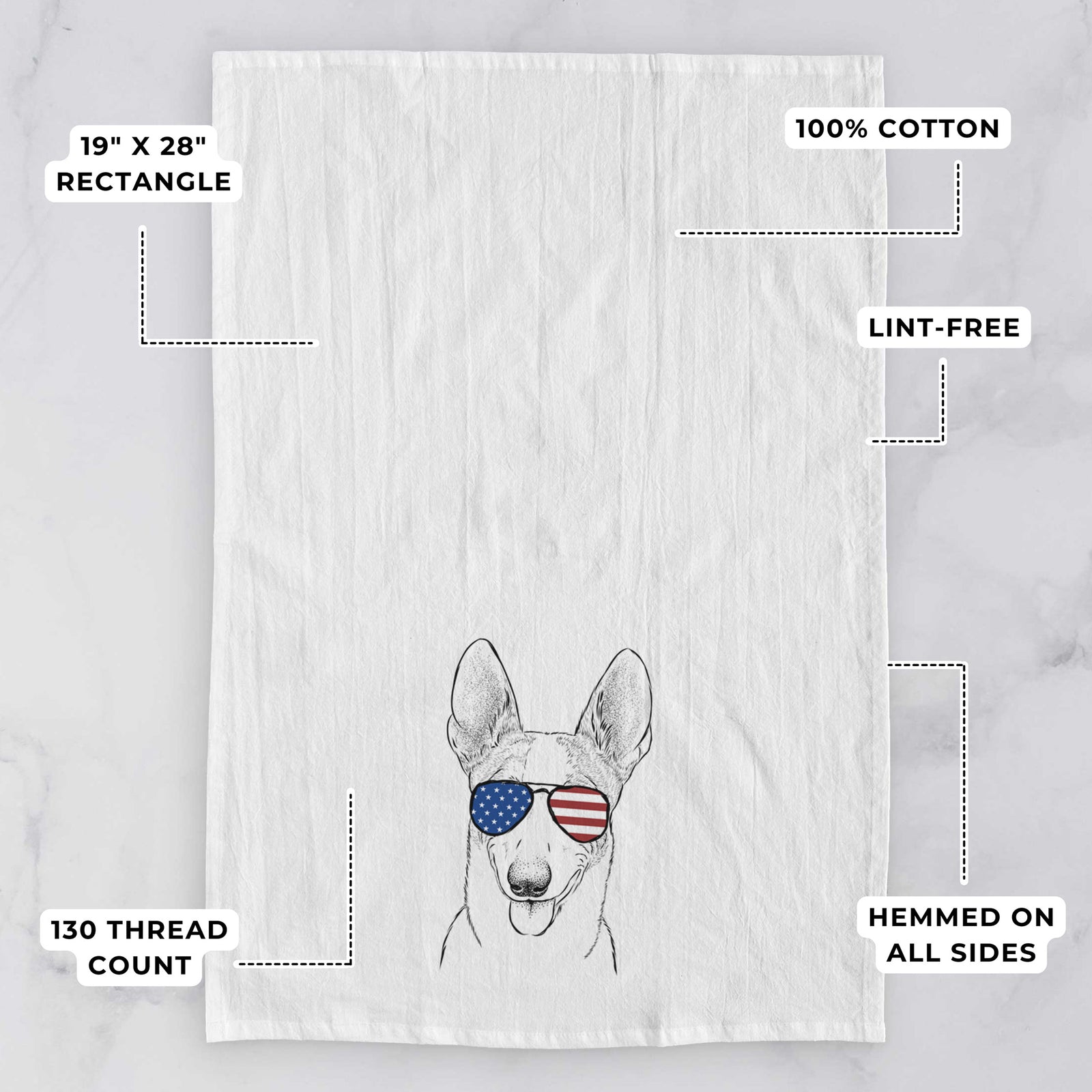 Hand-drawn sketch of Berlin the Carolina Dog wearing American flag sunglasses on a tea towel, with feature callouts: 19 x 28 inch rectangle, 100% cotton, lint-free, 120 thread count, hemmed on all sides