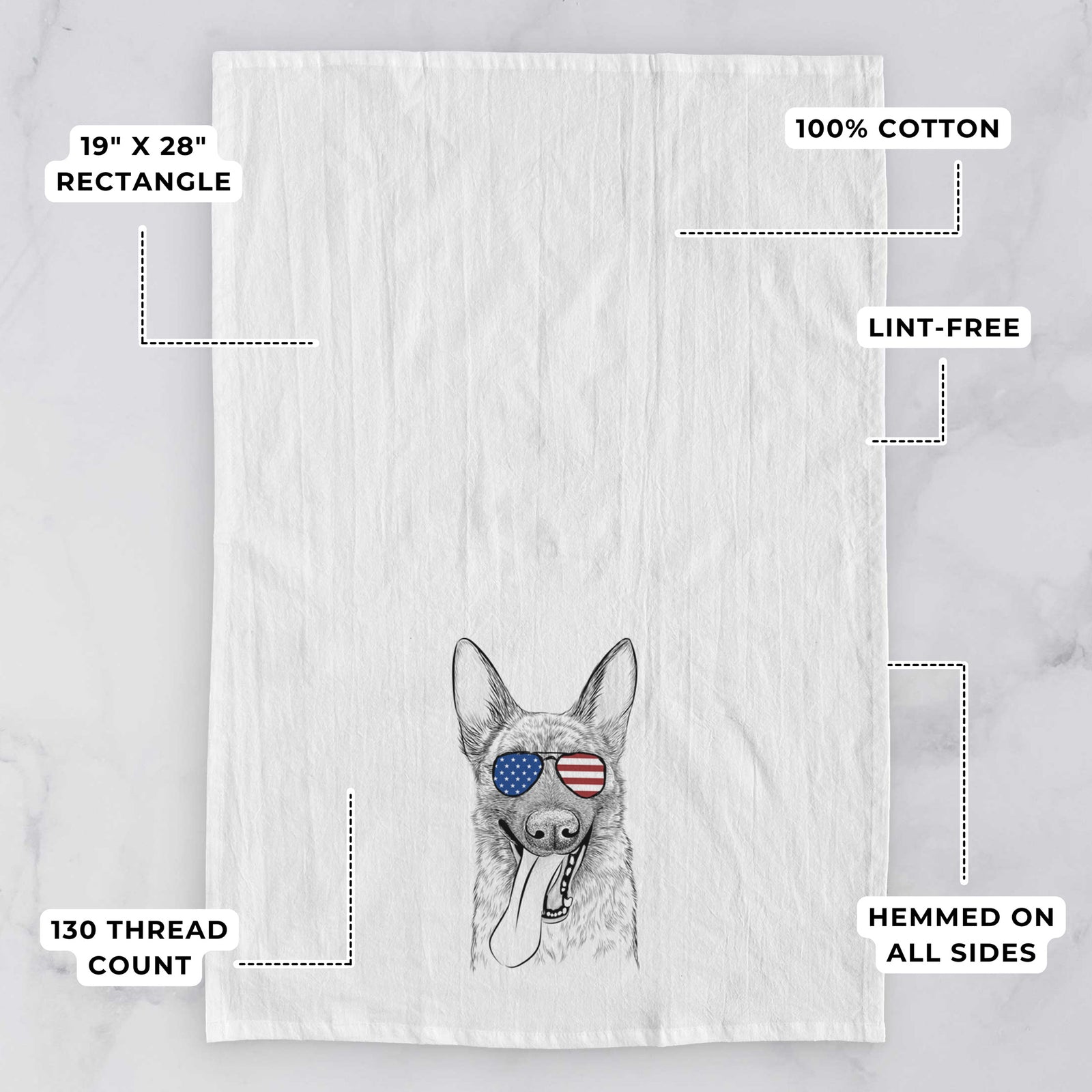 Hand-drawn sketch of Bessa the Dutch Shepherd wearing American flag sunglasses on a tea towel, with feature callouts: 19 x 28 inch rectangle, 100% cotton, lint-free, 120 thread count, hemmed on all sides