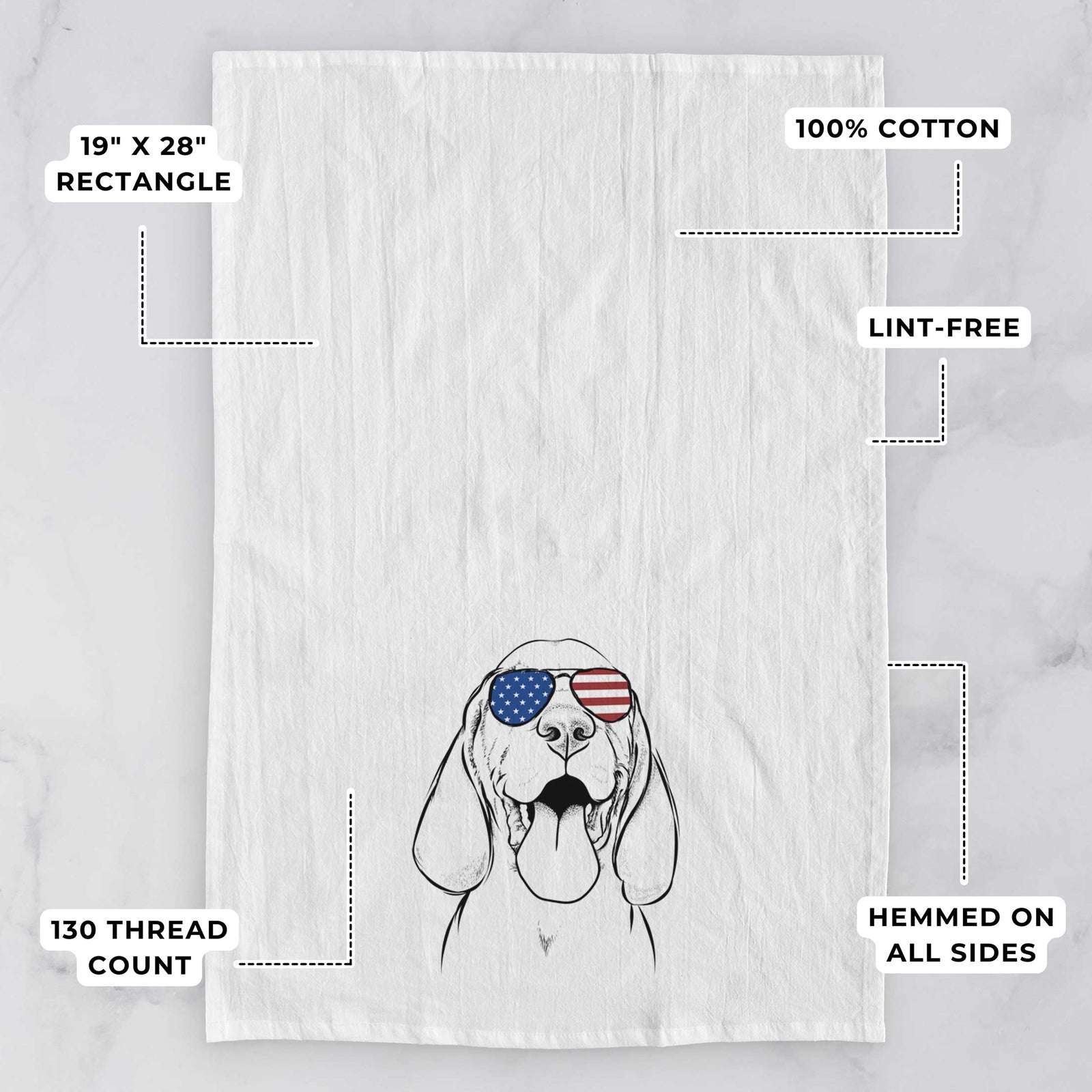 Hand-drawn sketch of Bodi the Vizsla wearing American flag sunglasses on a tea towel, with feature callouts: 19 x 28 inch rectangle, 100% cotton, lint-free, 120 thread count, hemmed on all sides