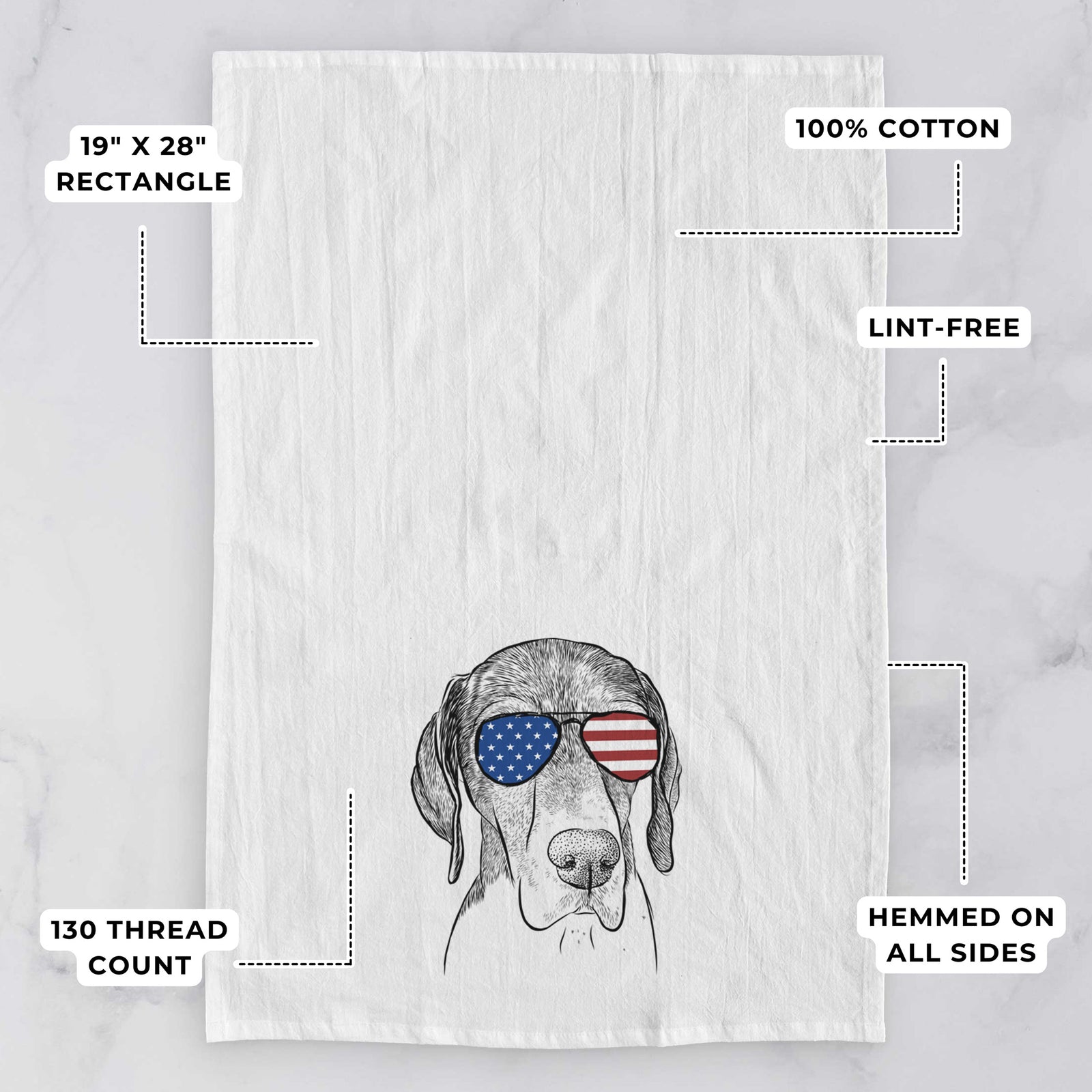 Hand-drawn sketch of Bohdi the German Shorthaired Pointer wearing American flag sunglasses on a tea towel, with feature callouts: 19 x 28 inch rectangle, 100% cotton, lint-free, 120 thread count, hemmed on all sides
