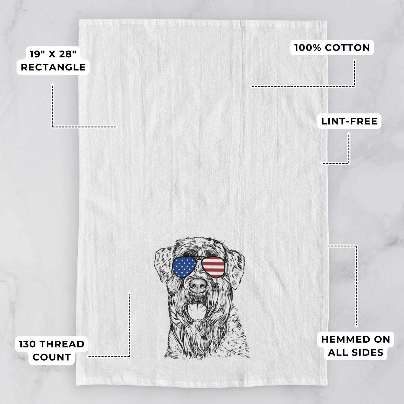 Hand-drawn sketch of Bonnie the Bouvier Des Flandres wearing American flag sunglasses on a tea towel, with feature callouts: 19 x 28 inch rectangle, 100% cotton, lint-free, 120 thread count, hemmed on all sides