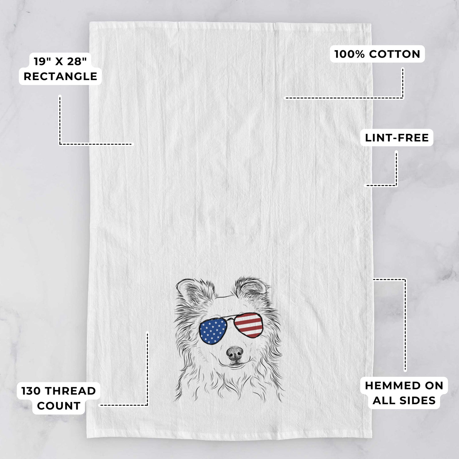 Hand-drawn sketch of Bonsai the Mixed Breed wearing American flag sunglasses on a tea towel, with feature callouts: 19 x 28 inch rectangle, 100% cotton, lint-free, 120 thread count, hemmed on all sides