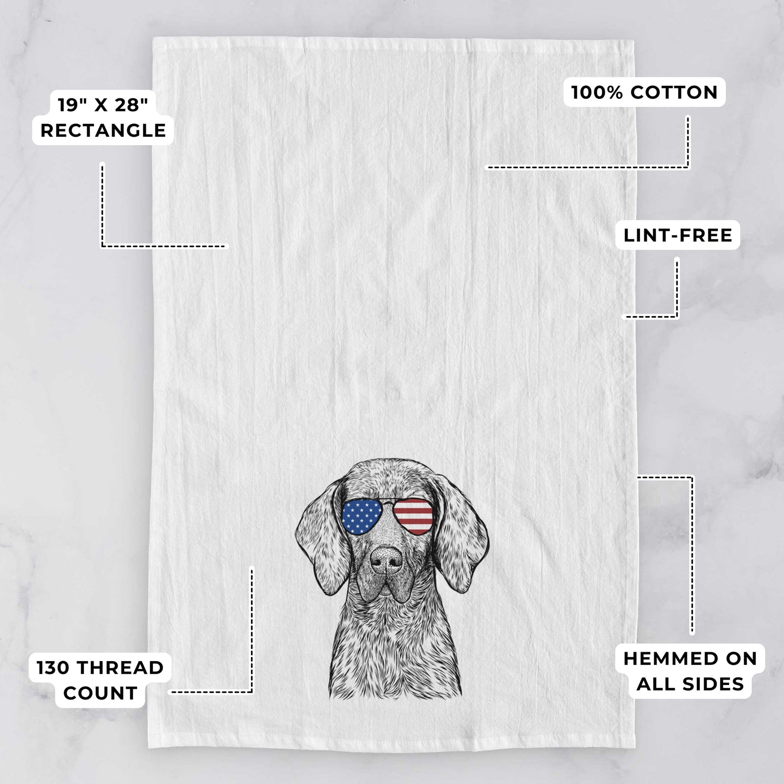 Hand-drawn sketch of Boone the Plott Hound wearing American flag sunglasses on a tea towel, with feature callouts: 19 x 28 inch rectangle, 100% cotton, lint-free, 120 thread count, hemmed on all sides