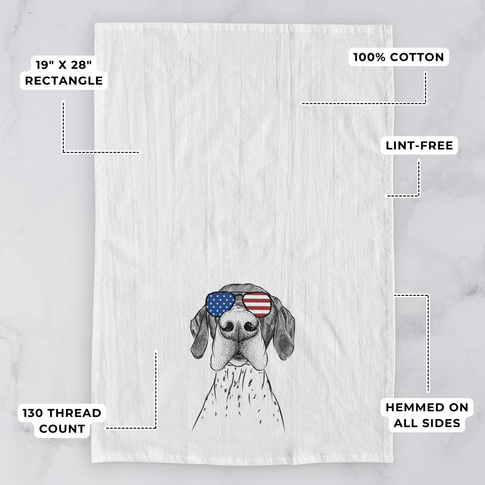 Hand-drawn sketch of Booze the German Shorthaired Pointer wearing American flag sunglasses on a tea towel, with feature callouts: 19 x 28 inch rectangle, 100% cotton, lint-free, 120 thread count, hemmed on all sides
