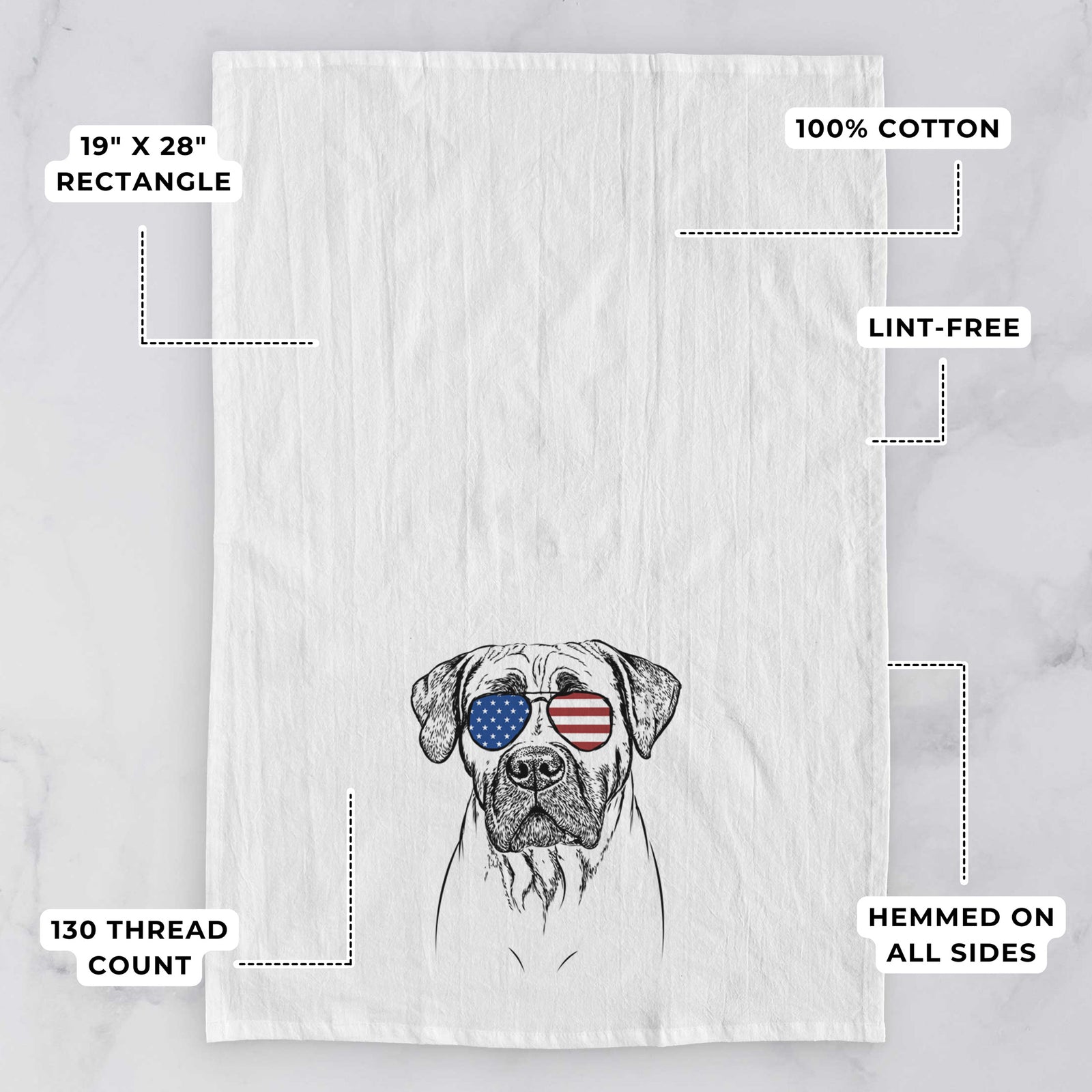 Hand-drawn sketch of Boris the Boerboel wearing American flag sunglasses on a tea towel, with feature callouts: 19 x 28 inch rectangle, 100% cotton, lint-free, 120 thread count, hemmed on all sides