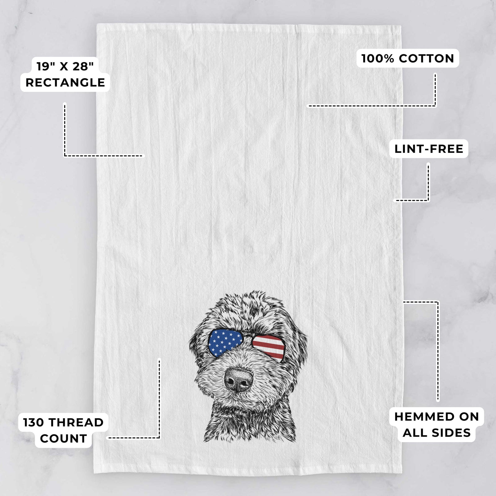 Hand-drawn sketch of Bowser the Whoodle wearing American flag sunglasses on a tea towel, with feature callouts: 19 x 28 inch rectangle, 100% cotton, lint-free, 120 thread count, hemmed on all sides