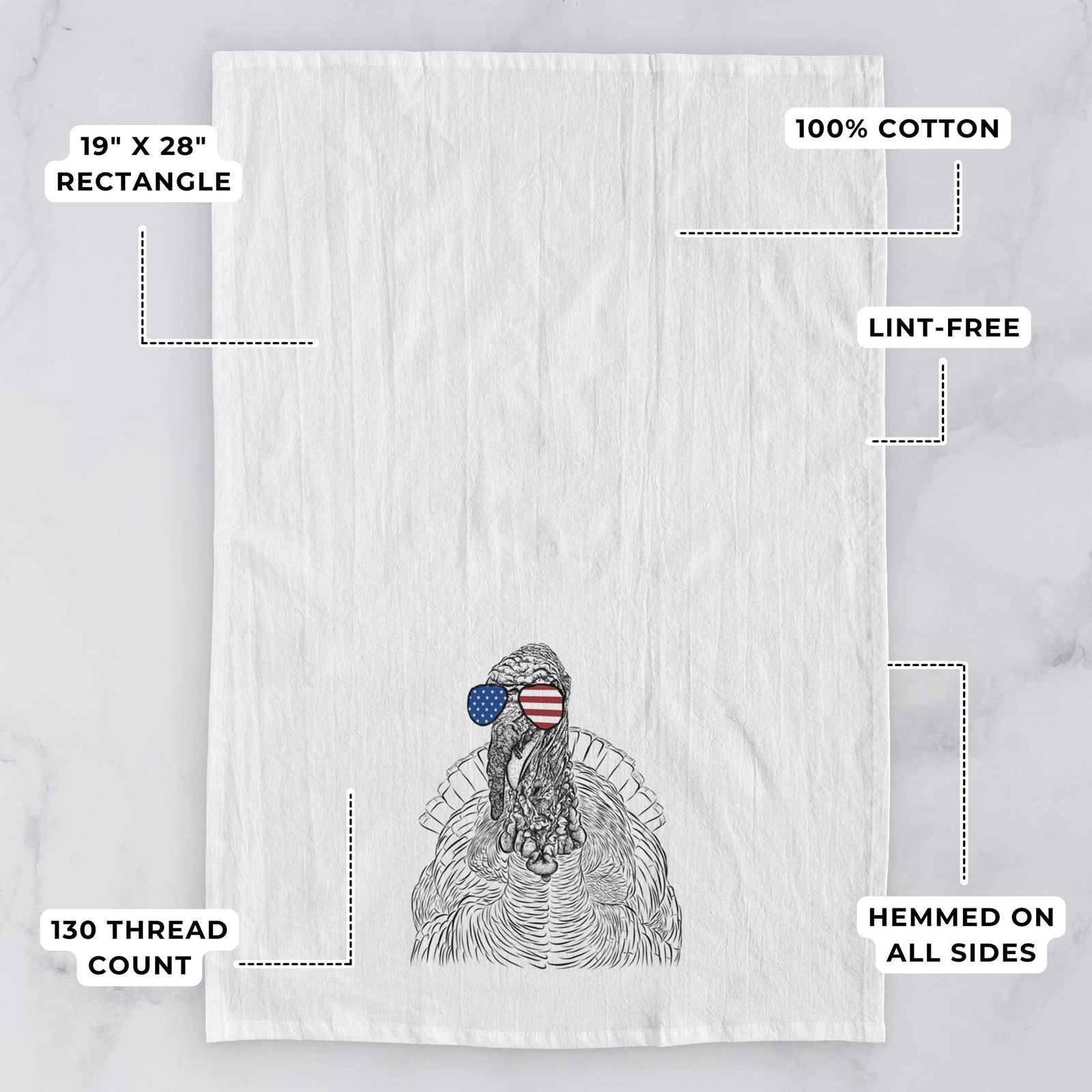 Hand-drawn sketch of Brady the Turkey wearing American flag sunglasses on a tea towel, with feature callouts: 19 x 28 inch rectangle, 100% cotton, lint-free, 120 thread count, hemmed on all sides